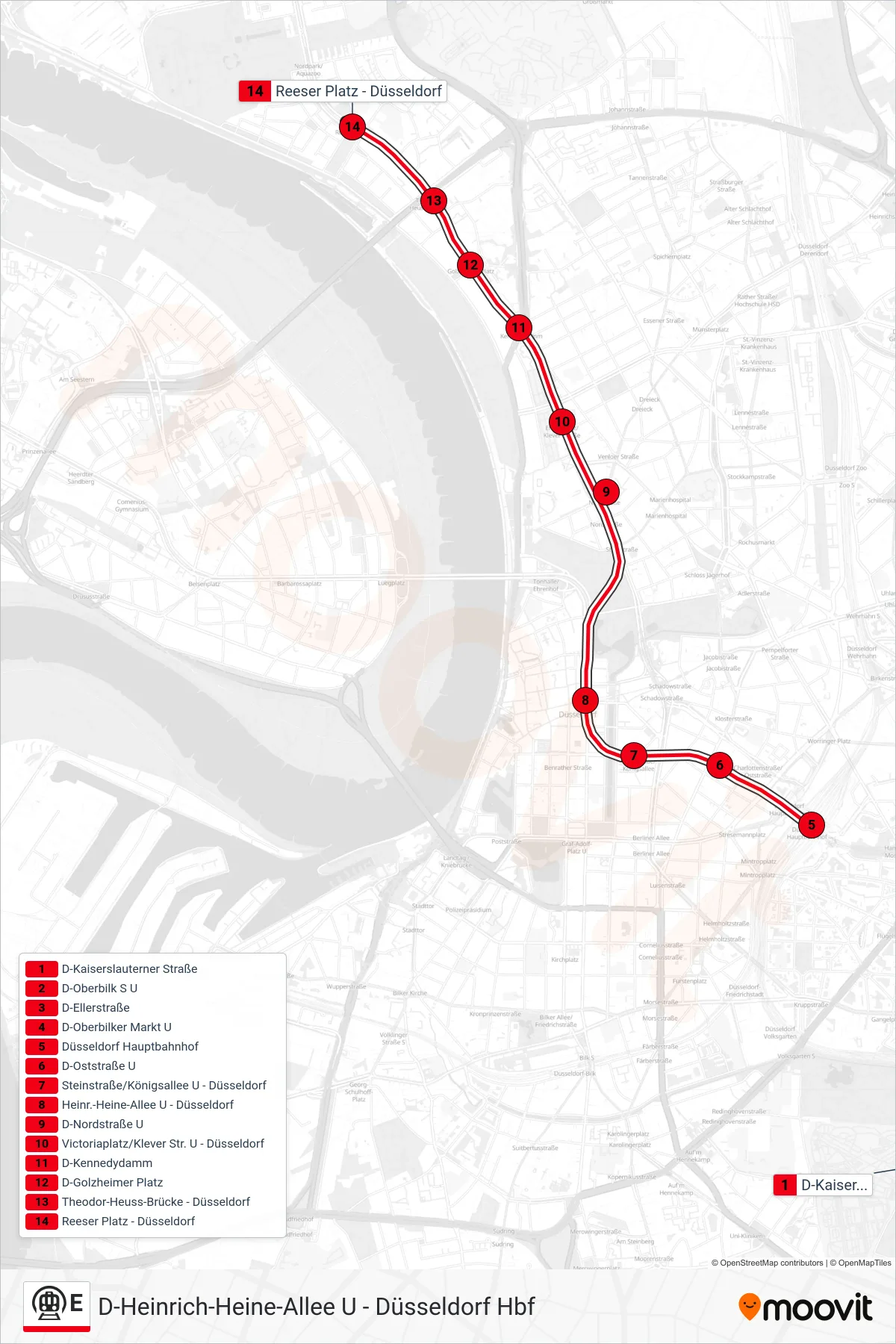 E subway Line (D-Reeser Platz) route and stops on a map
