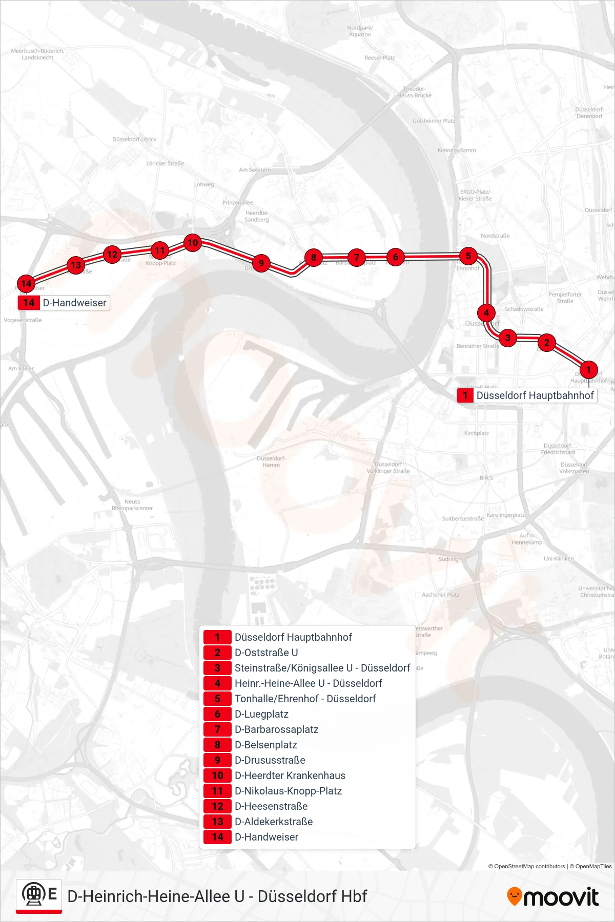 E subway Line (D-Handweiser) route and stops on a map
