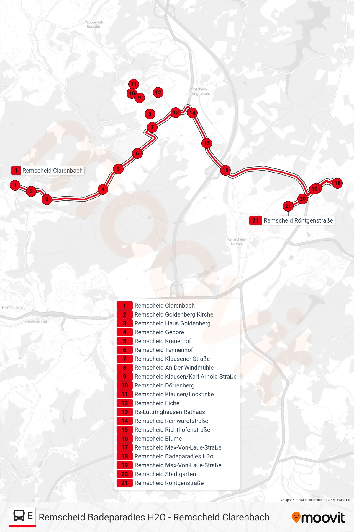 Linie E (Bus) Richtung Remscheid Röntgenstraße: Route und Haltestellen auf der Karte