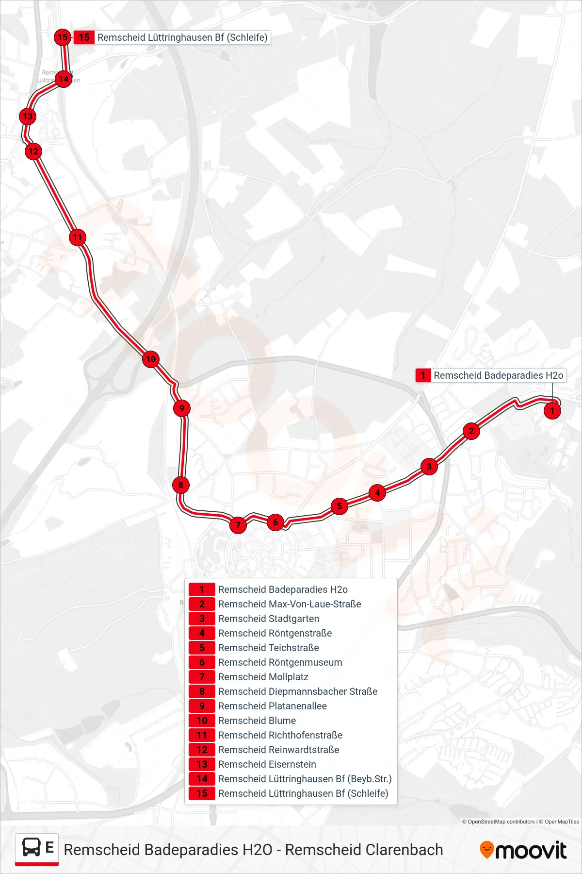 Linie E (Bus) Richtung Remscheid Lüttringhausen Bf (Schleife): Route und Haltestellen auf der Karte