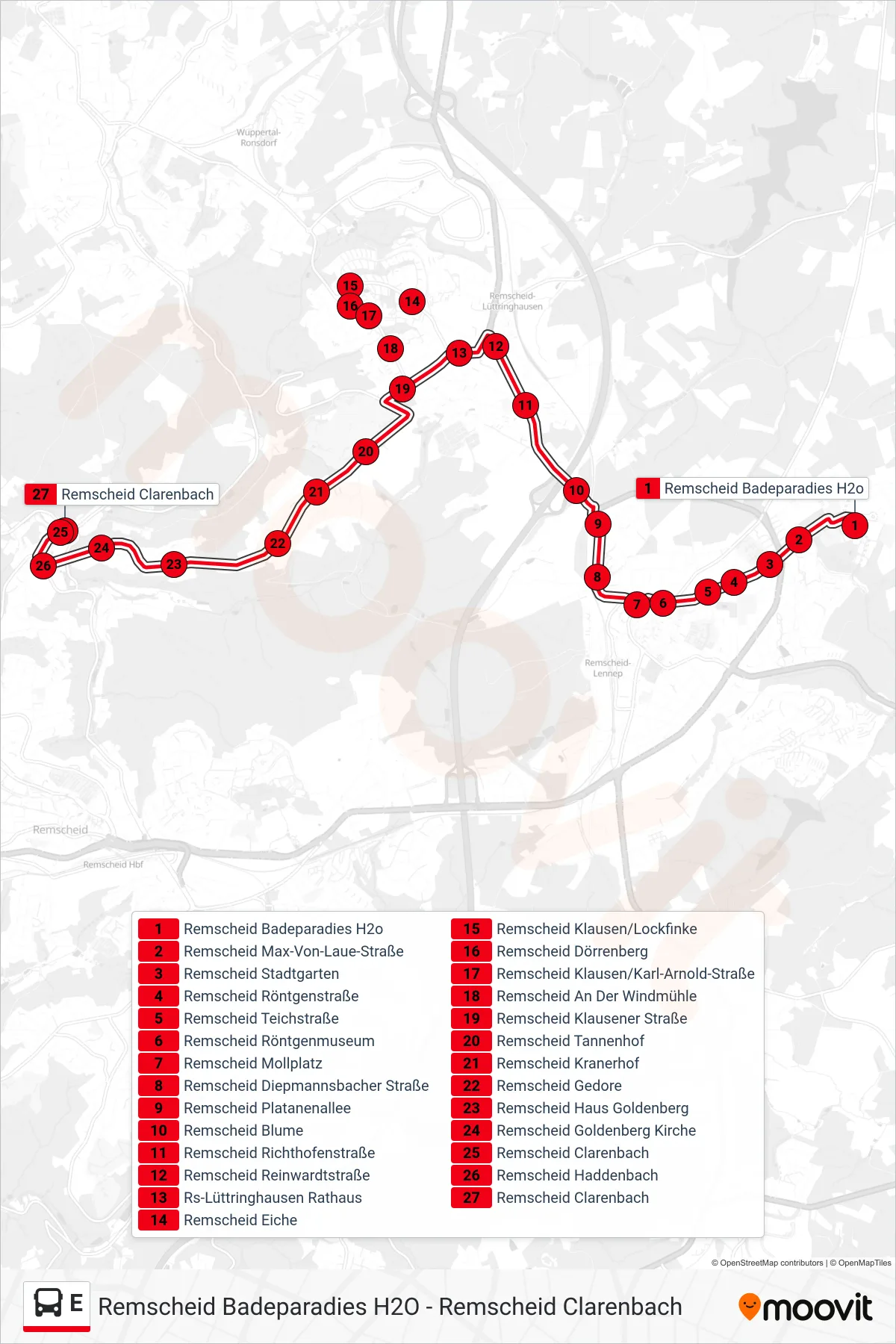 E bus Line (Remscheid Clarenbach) route and stops on a map