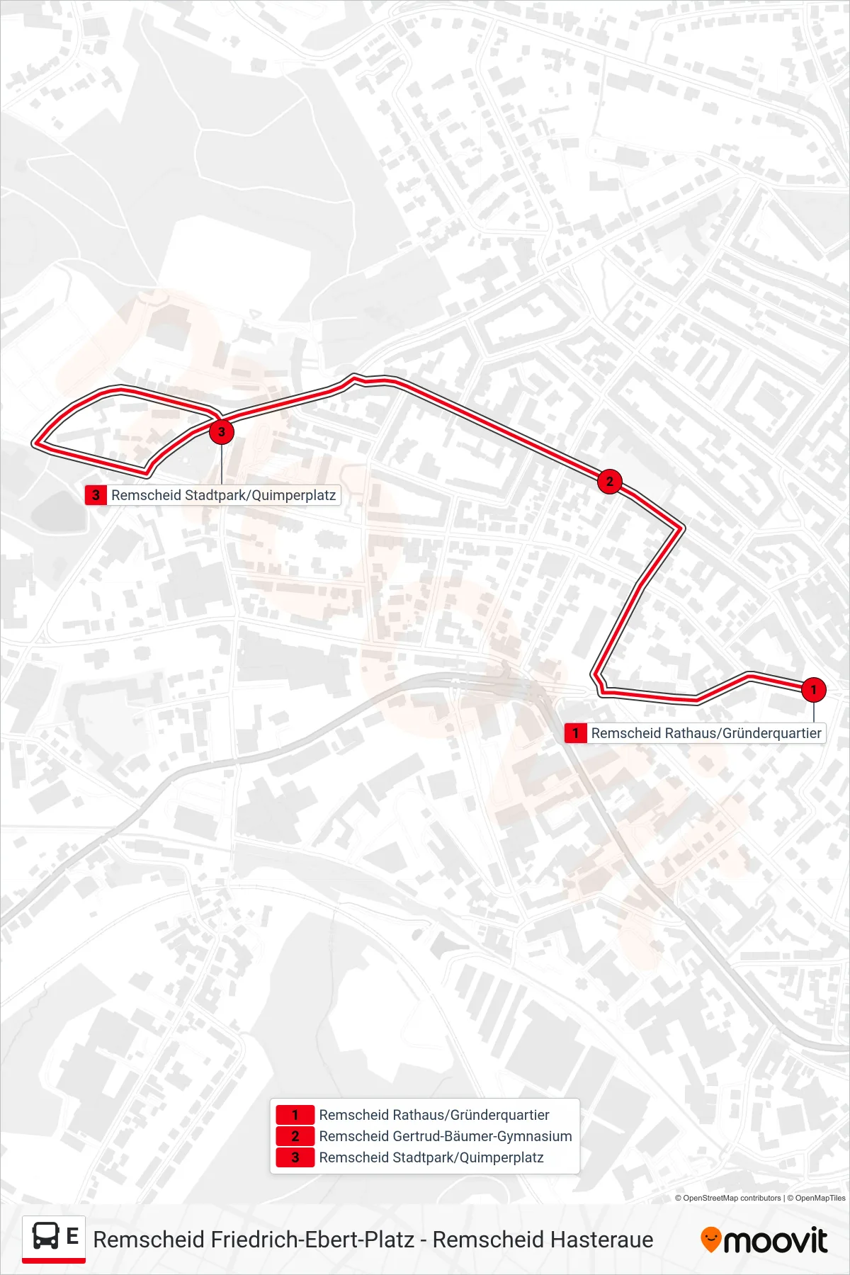 Linie E (Bus) Richtung Remscheid Stadtpark/Quimperplatz: Route und Haltestellen auf der Karte