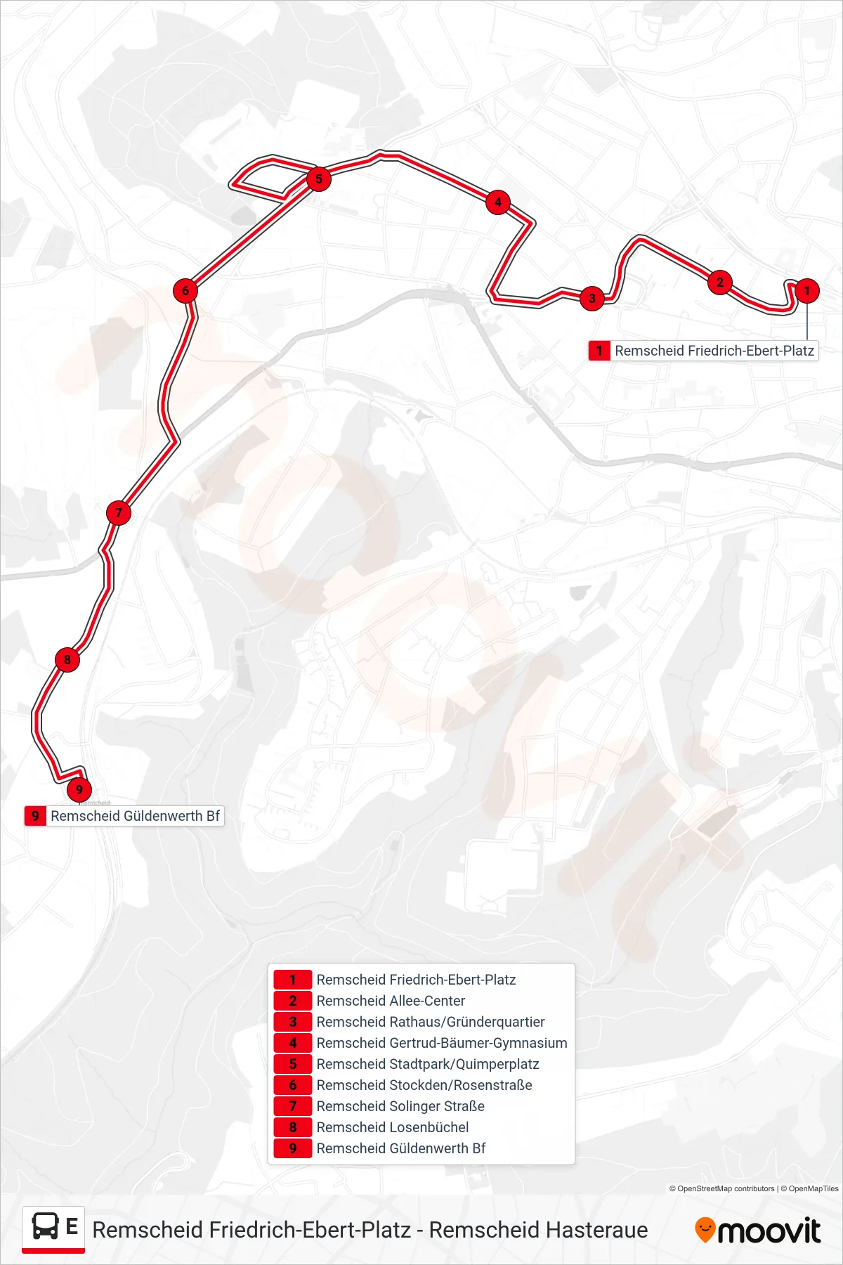Linie E (Bus) Richtung Remscheid Güldenwerth Bf: Route und Haltestellen auf der Karte
