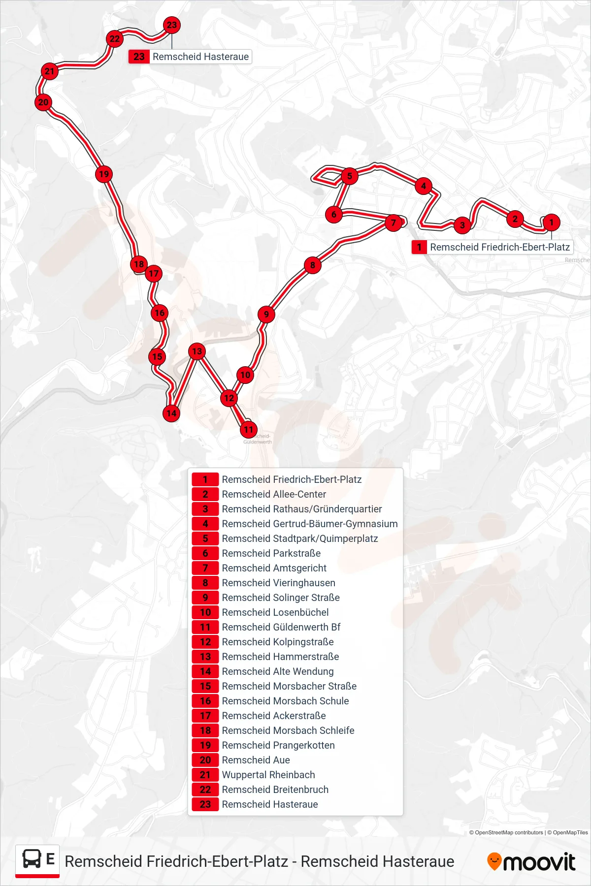 Linie E (Bus) Richtung Remscheid Hasteraue: Route und Haltestellen auf der Karte
