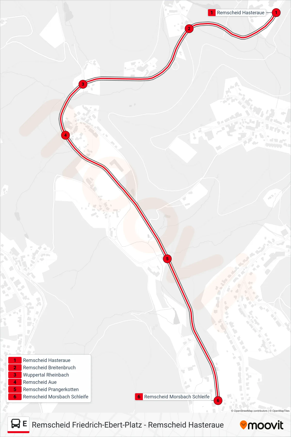 Linie E (Bus) Richtung Remscheid Morsbach Schleife: Route und Haltestellen auf der Karte