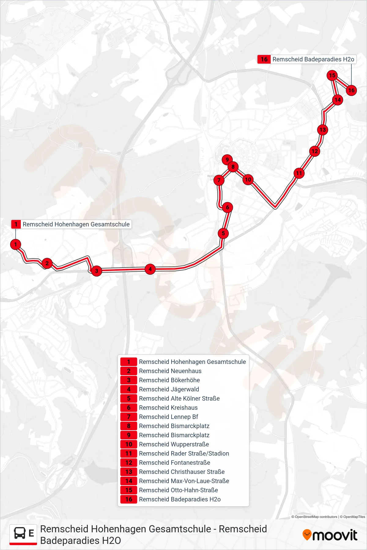 Linie E (Bus) Richtung Remscheid Badeparadies H2o: Route und Haltestellen auf der Karte