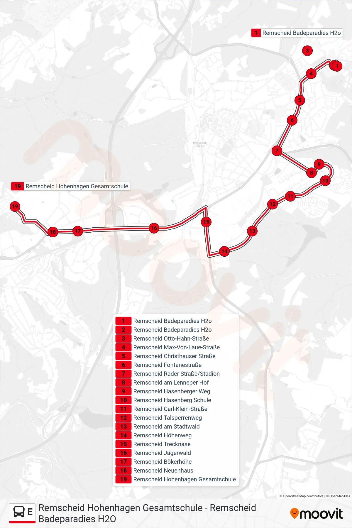 E bus Line (Remscheid Hohenhagen Gesamtschule) route and stops on a map
