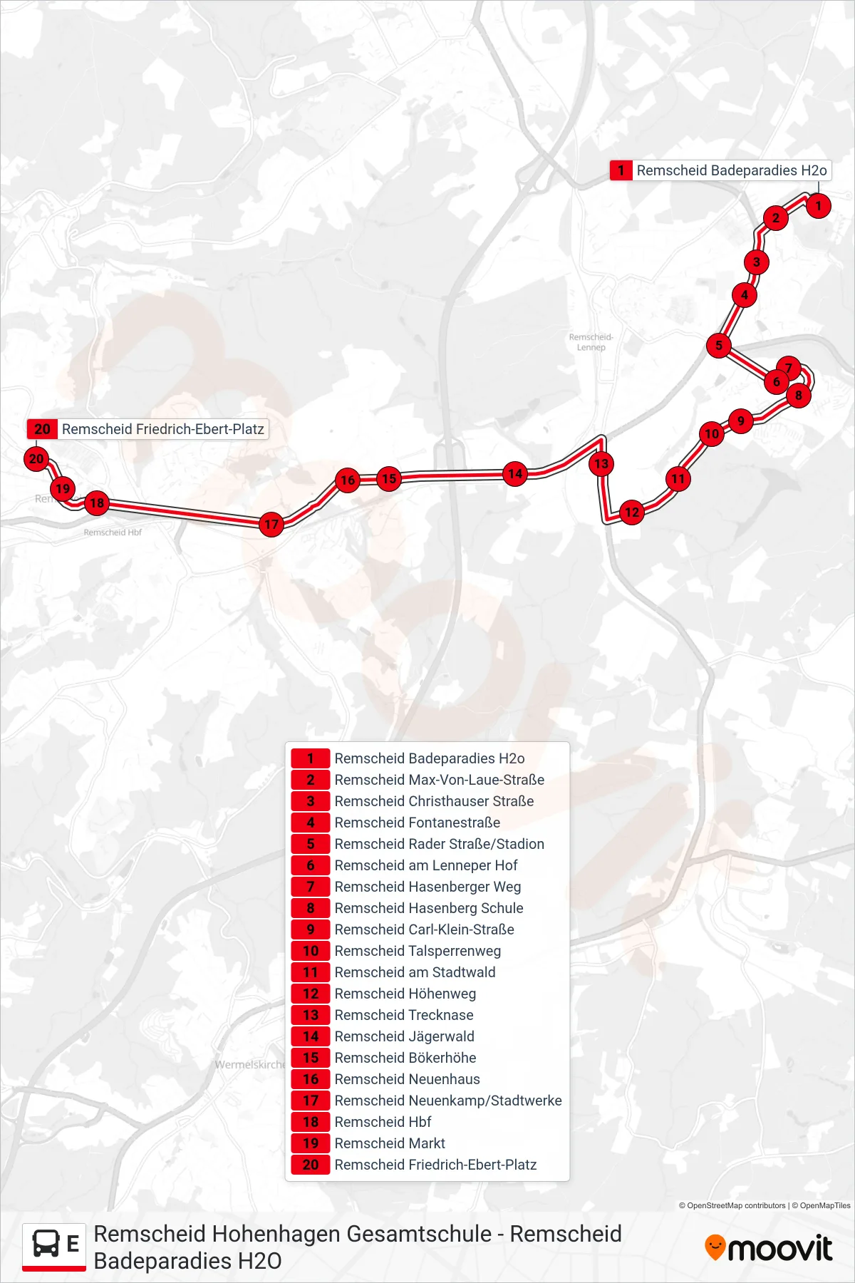 Linie E (Bus) Richtung Remscheid Friedrich-Ebert-Platz: Route und Haltestellen auf der Karte