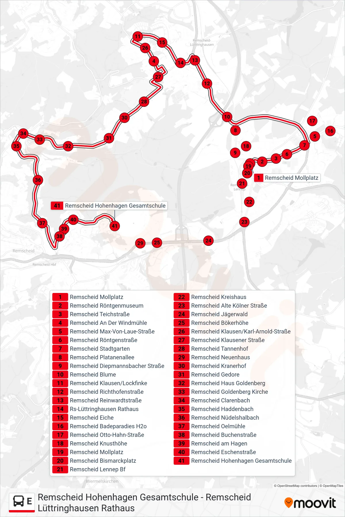 Linie E (Bus) Richtung Remscheid Hohenhagen Gesamtschule: Route und Haltestellen auf der Karte