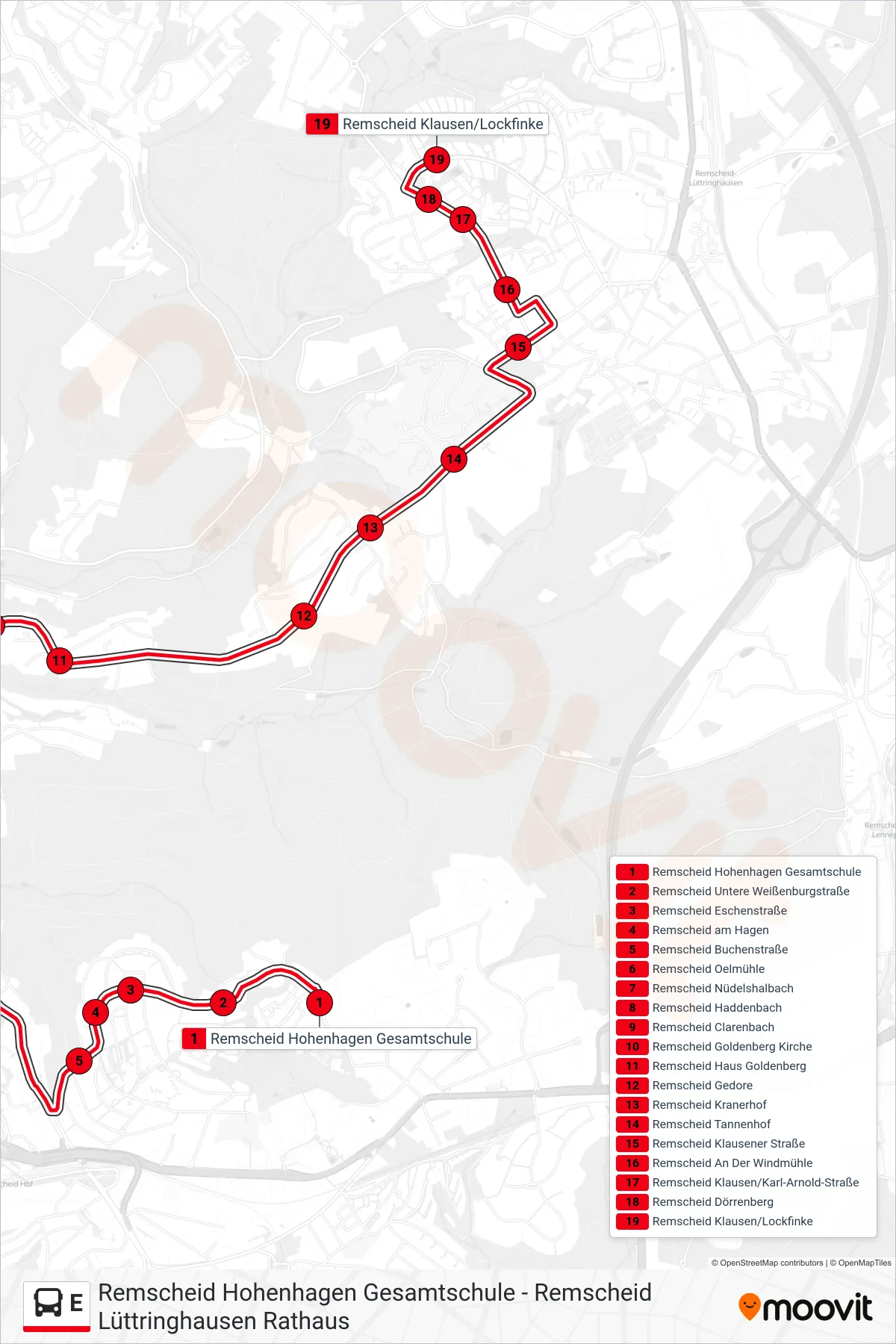 Linie E (Bus) Richtung Remscheid Klausen/Lockfinke: Route und Haltestellen auf der Karte