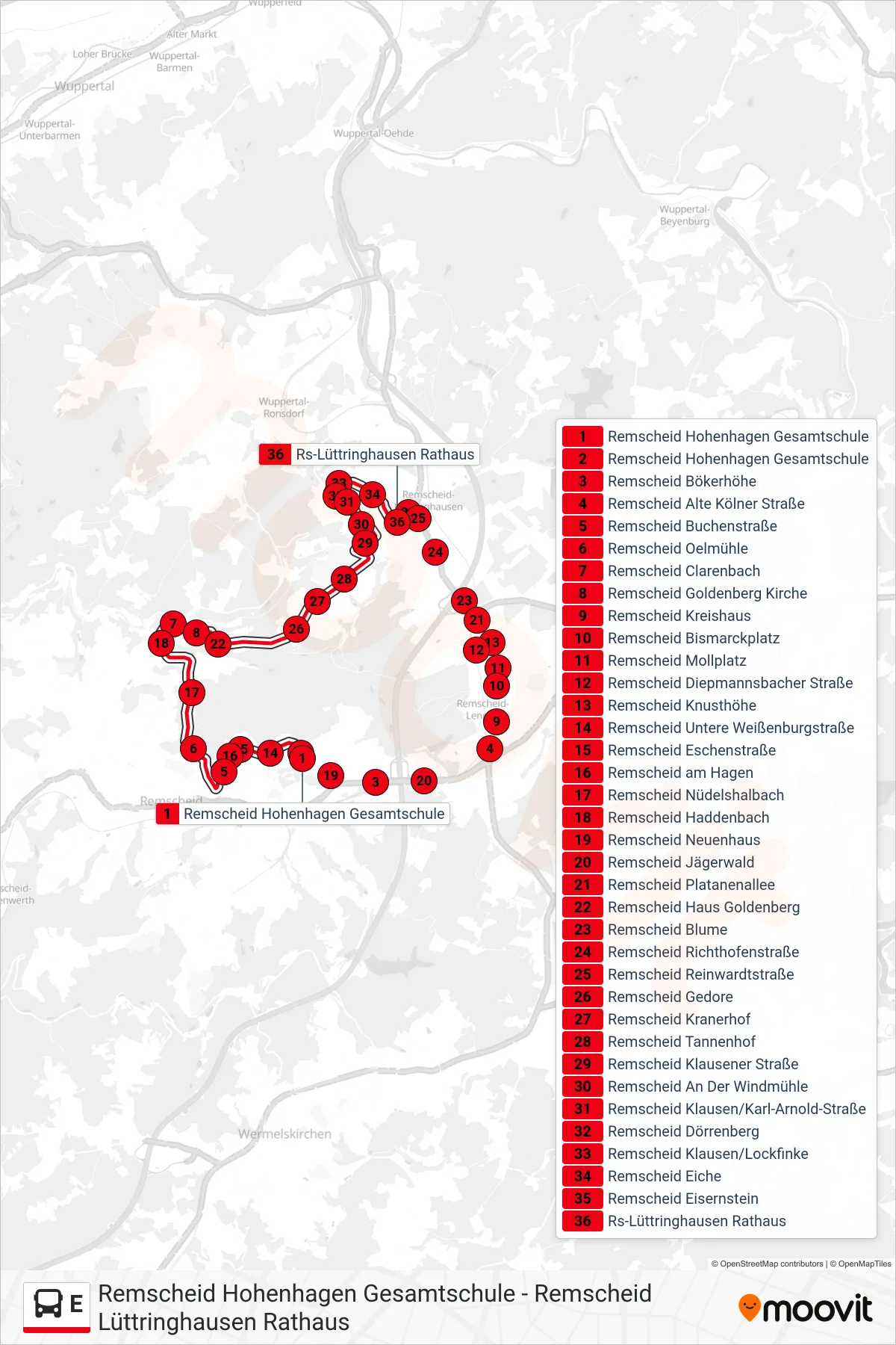 Linie E (Bus) Richtung Remscheid Lüttringhausen Rathaus: Route und Haltestellen auf der Karte