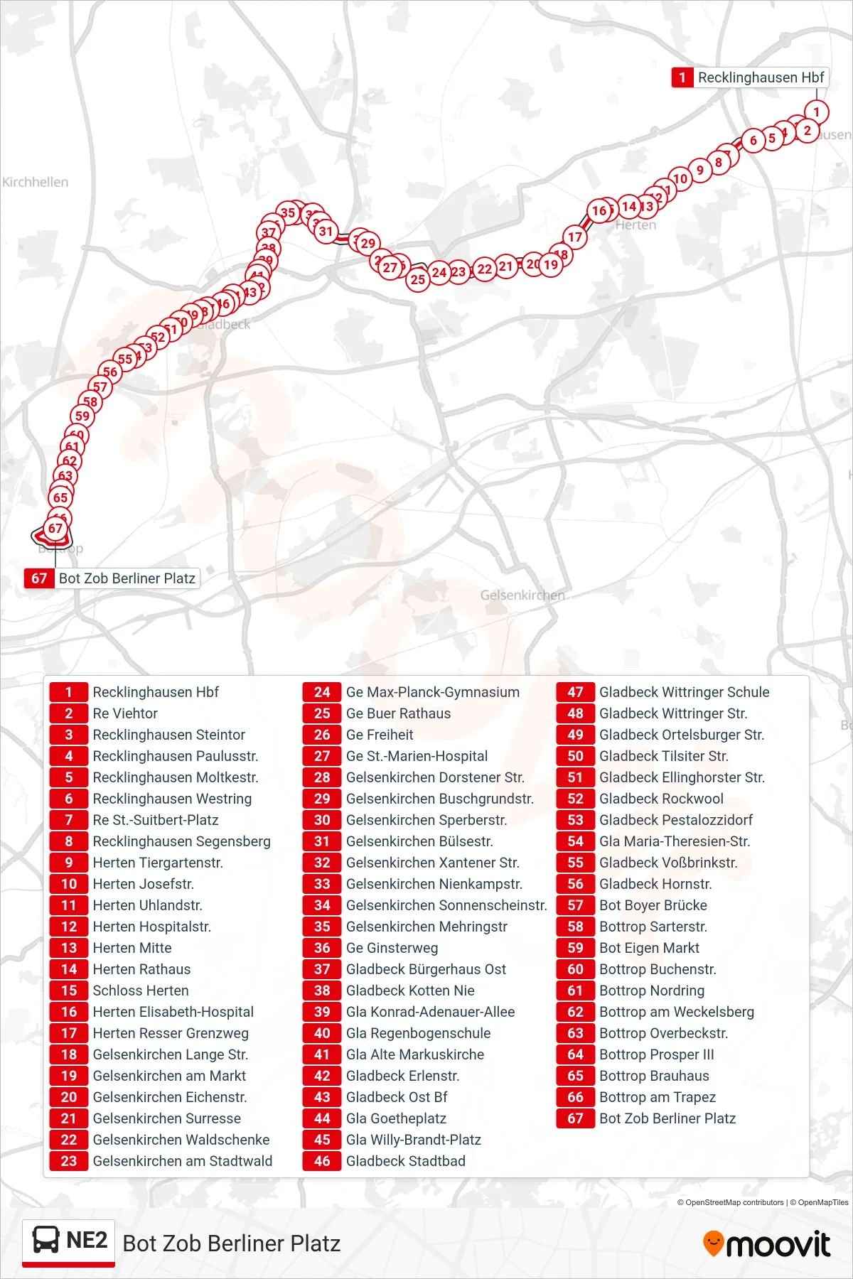 NE2 bus Line (Bot Zob Berliner Platz) route and stops on a map