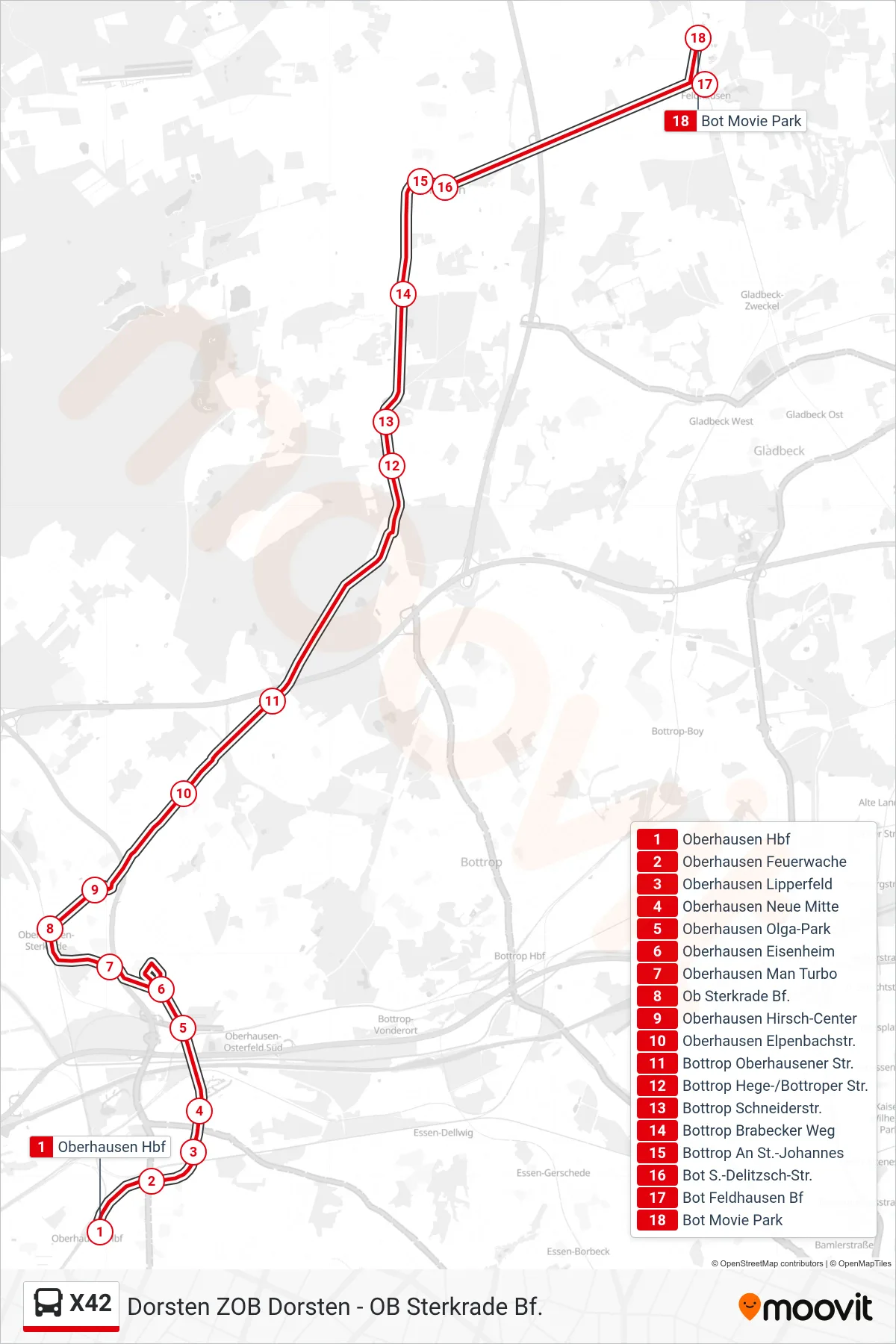 X42 bus Line (Bot Movie Park) route and stops on a map