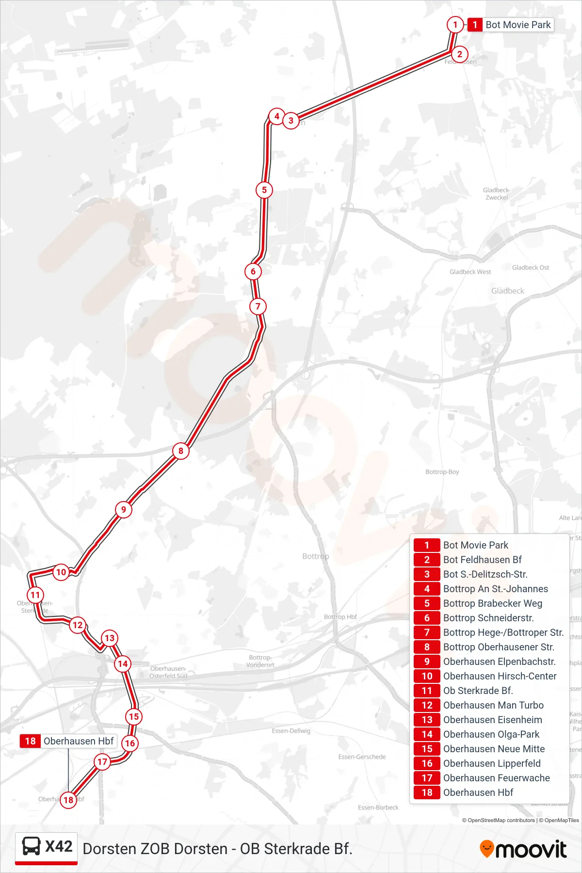 X42 bus Line (Oberhausen Hbf) route and stops on a map