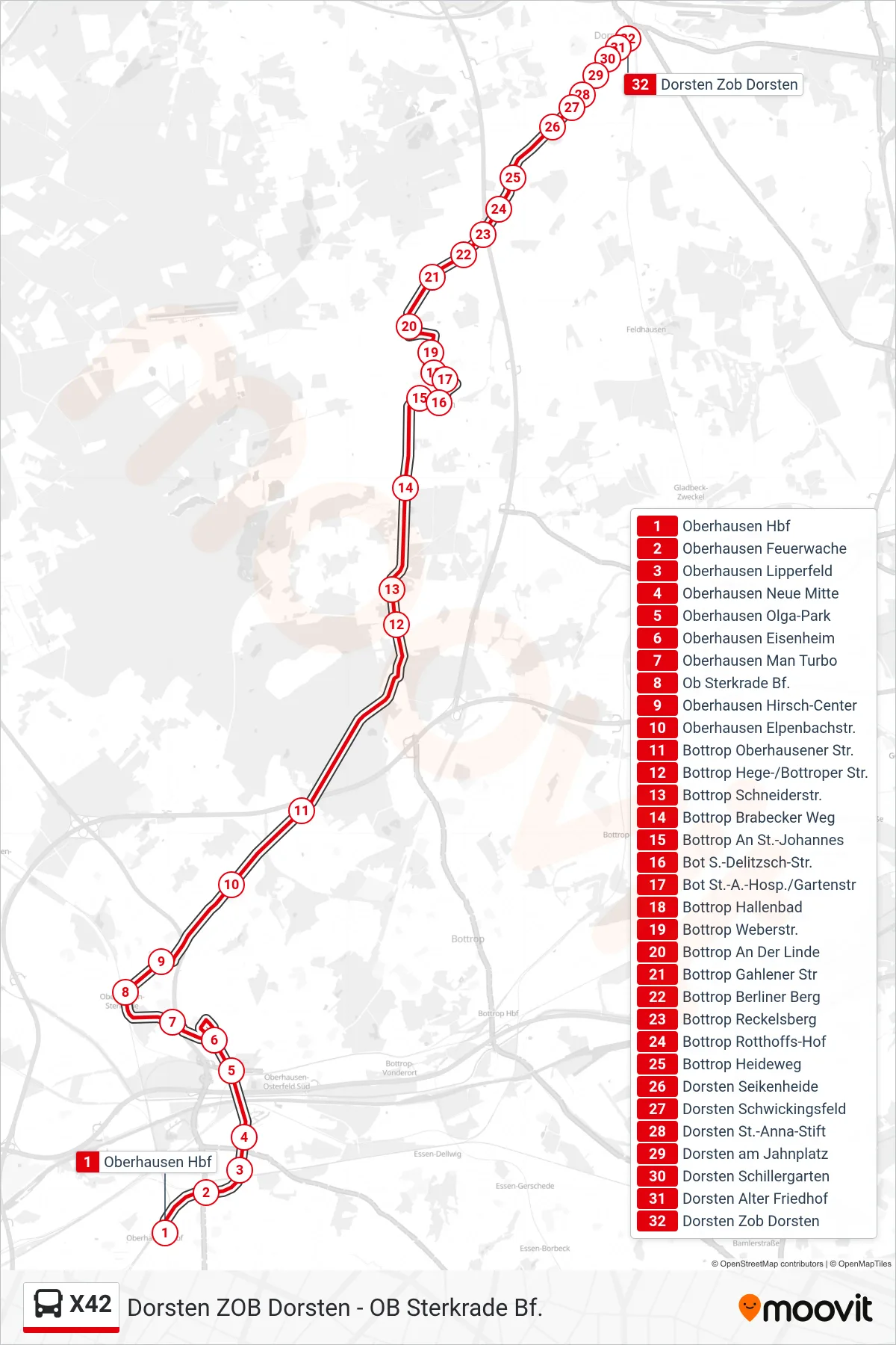 X42 bus Line (Dorsten Zob Dorsten) route and stops on a map