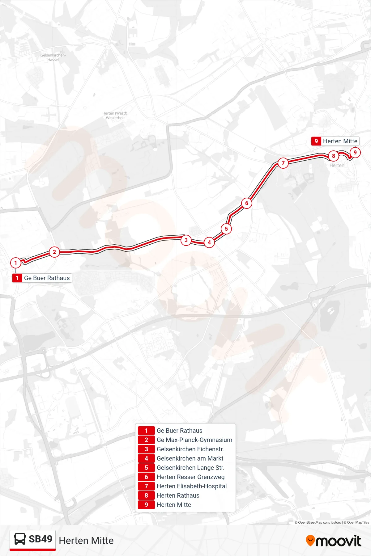 SB49 bus Line (Herten Mitte) route and stops on a map