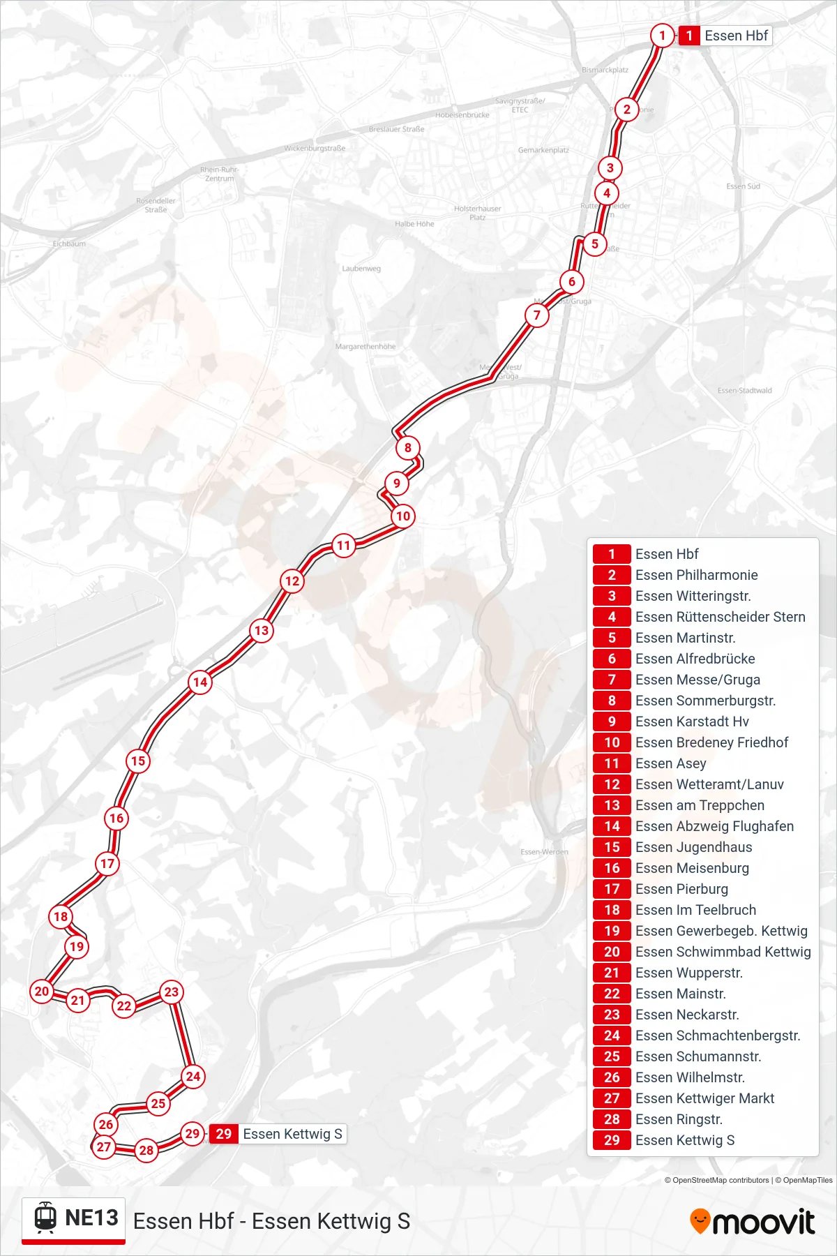 Linie NE13 (Straßenbahn) Richtung Essen Kettwig S: Route und Haltestellen auf der Karte