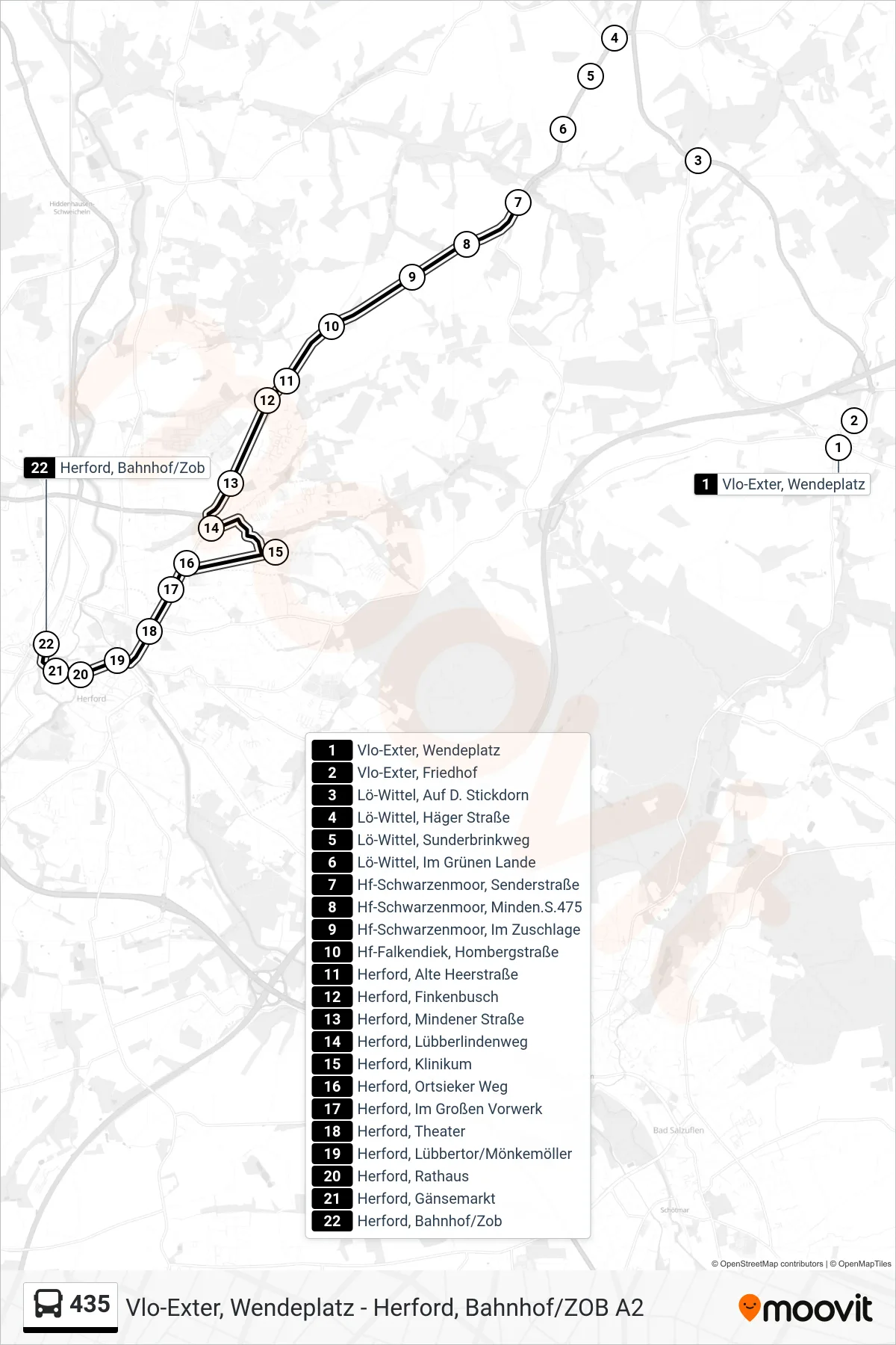 435 bus Line (Herford, Bahnhof/Zob A2) route and stops on a map