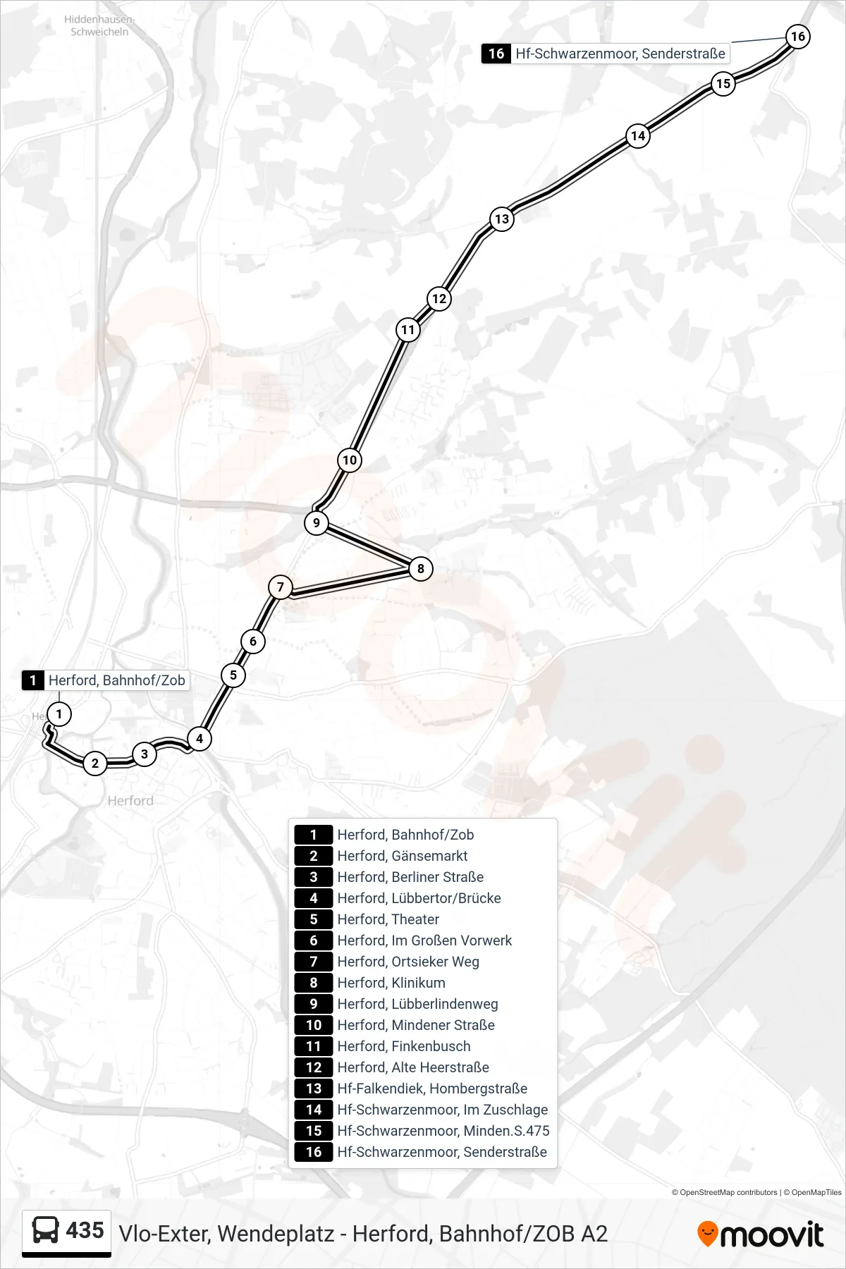 435 bus Line (Hf-Schwarzenmoor, Senderstraße) route and stops on a map