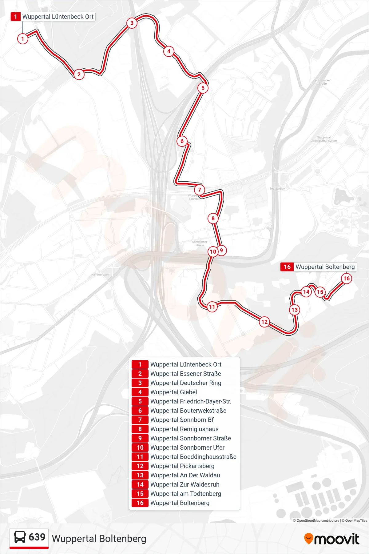 Linie 639 (Bus) Richtung Wuppertal Boltenberg: Route und Haltestellen auf der Karte