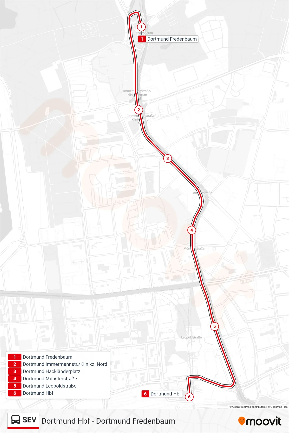 SEV bus Line (Dortmund Hbf) route and stops on a map