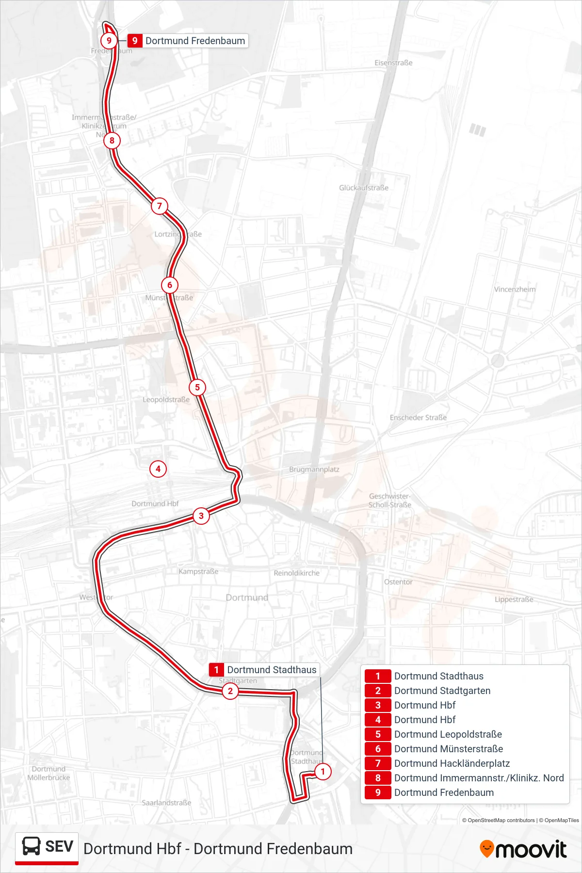 Linie SEV (Bus) Richtung Dortmund Fredenbaum: Route und Haltestellen auf der Karte