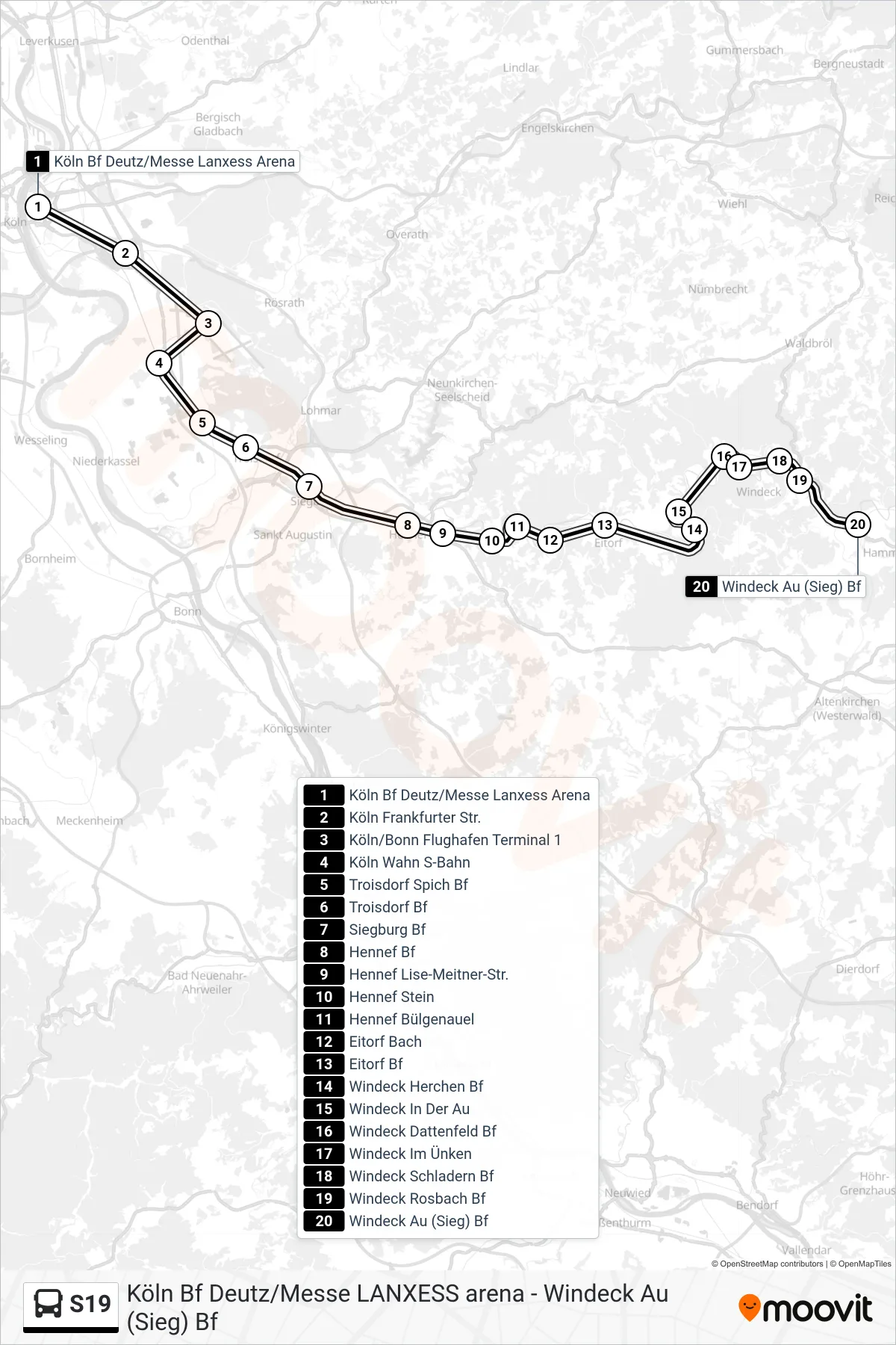 S19 bus Line (Au (Sieg) Bf) route and stops on a map