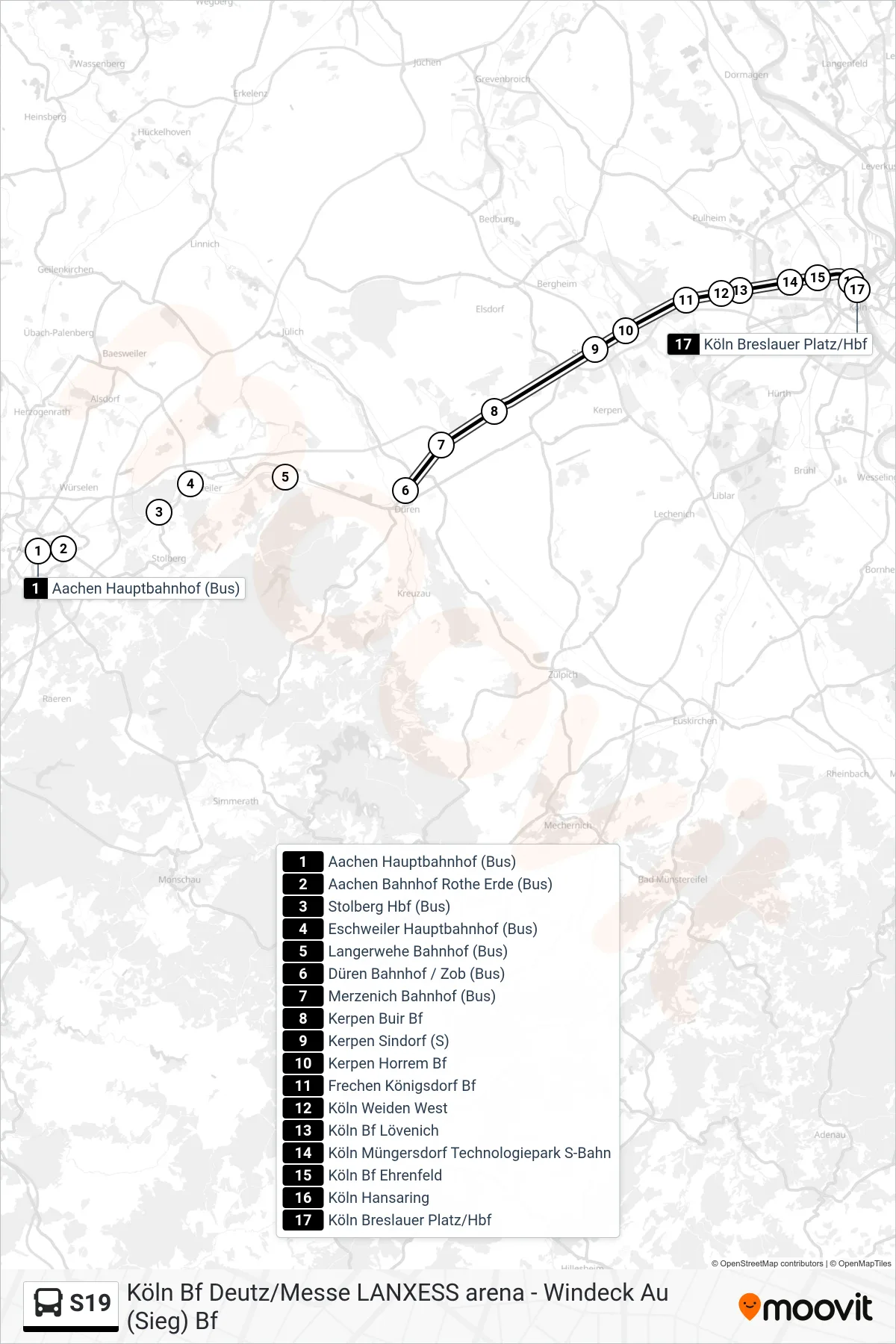 Linie S19 (Bus) Richtung Breslauer Platz/Hbf: Route und Haltestellen auf der Karte