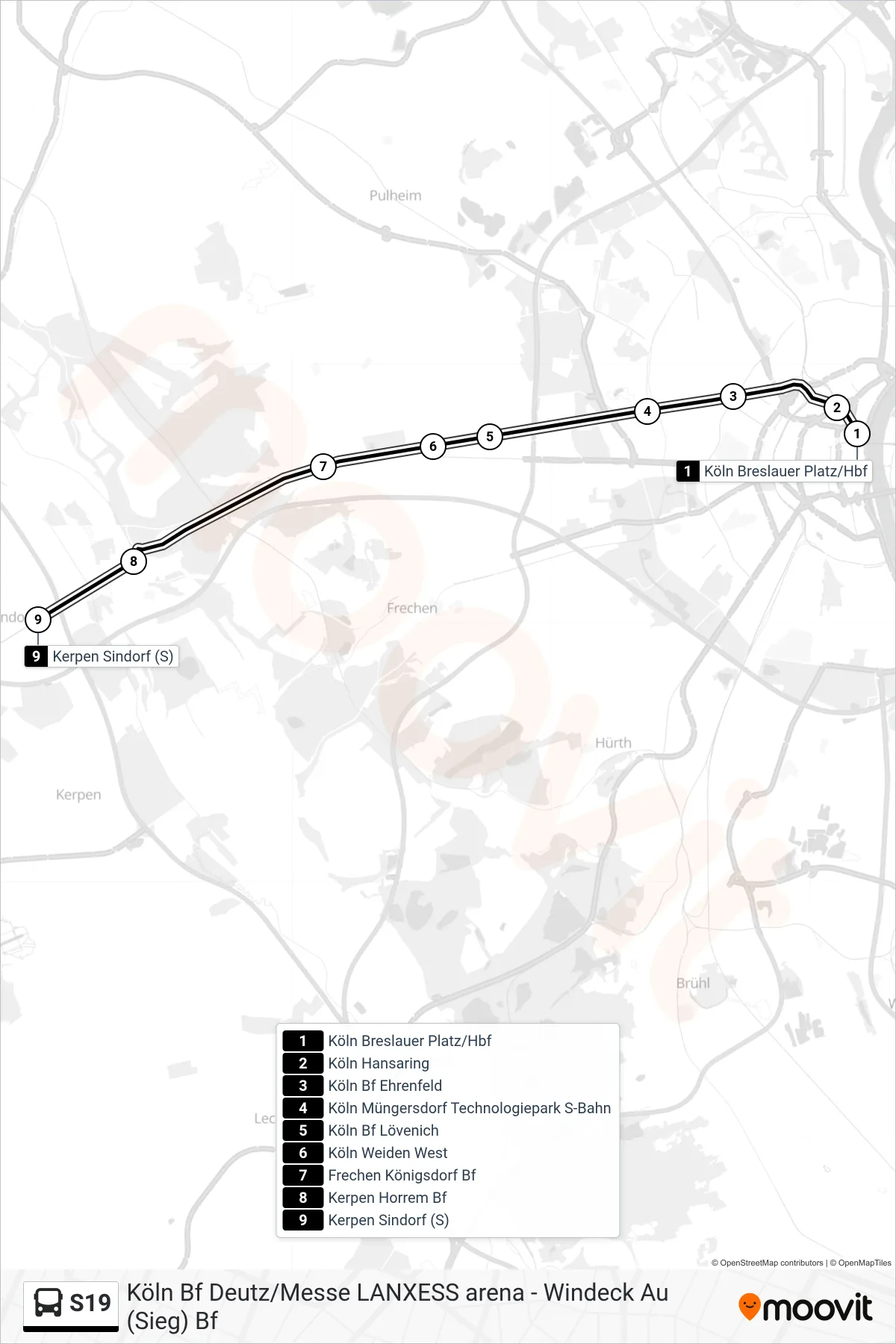 S19 bus Line (Sindorf (S)) route and stops on a map