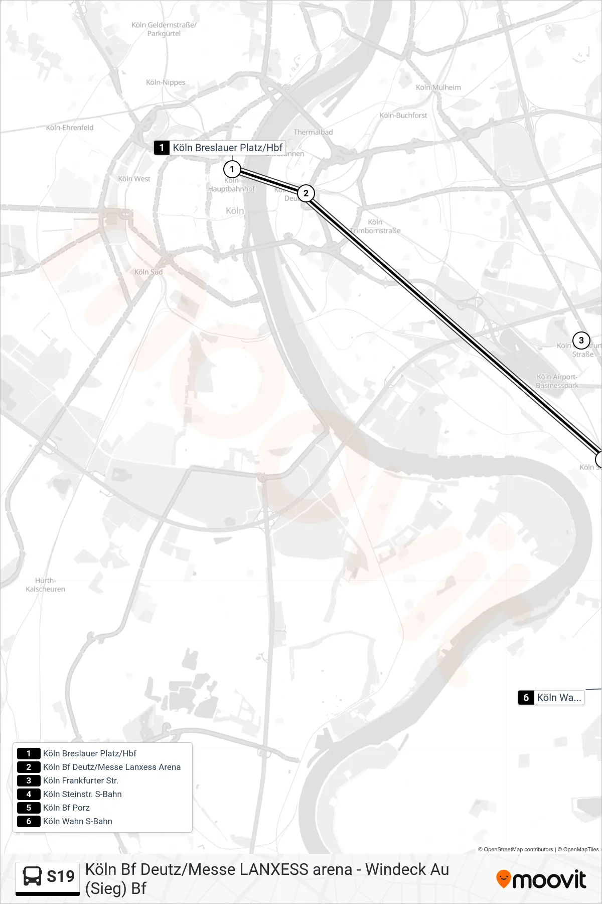 S19 bus Line (Wahn S-Bahn) route and stops on a map