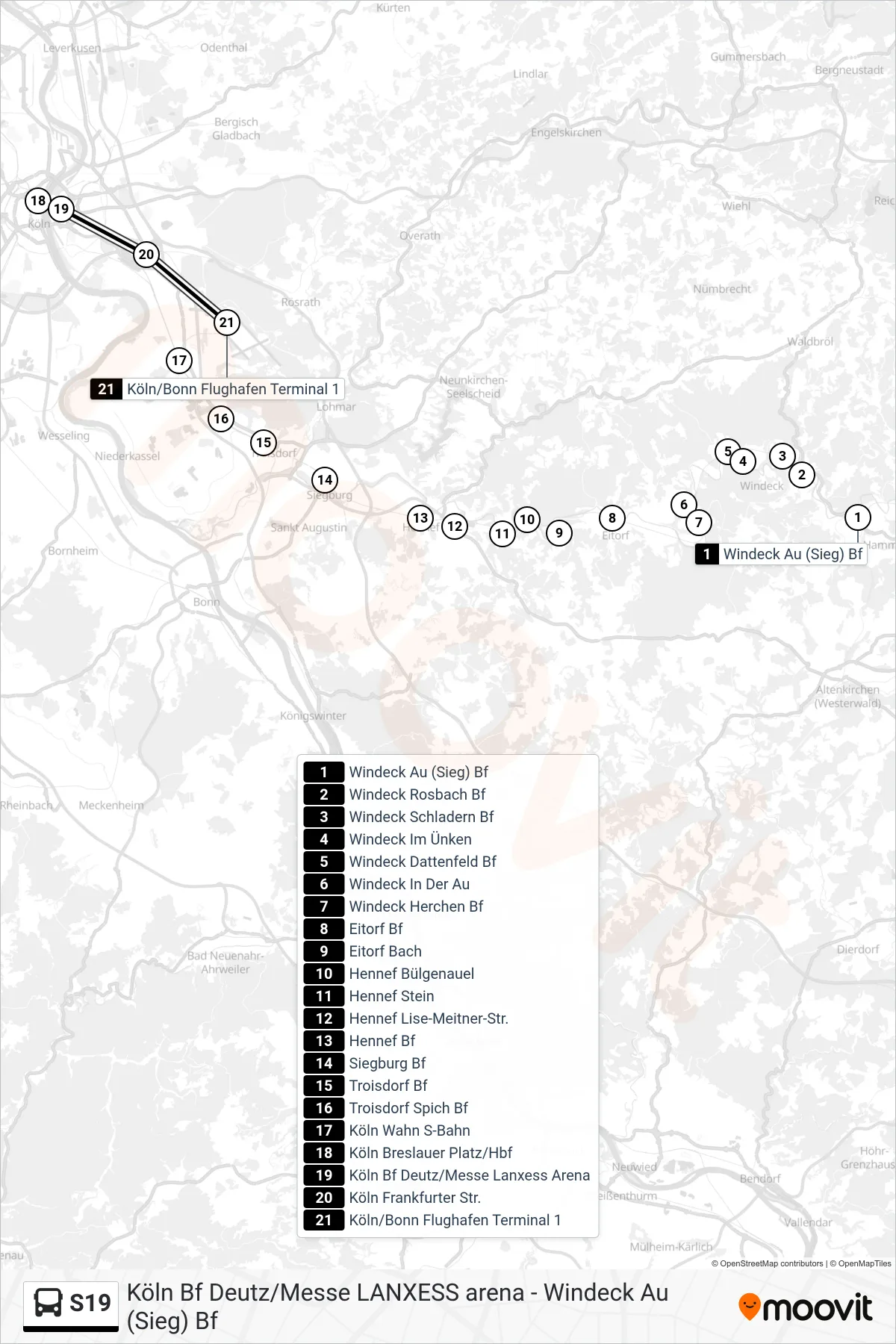 Linie S19 (Bus) Richtung Köln/Bonn Flughafen Terminal 1: Route und Haltestellen auf der Karte