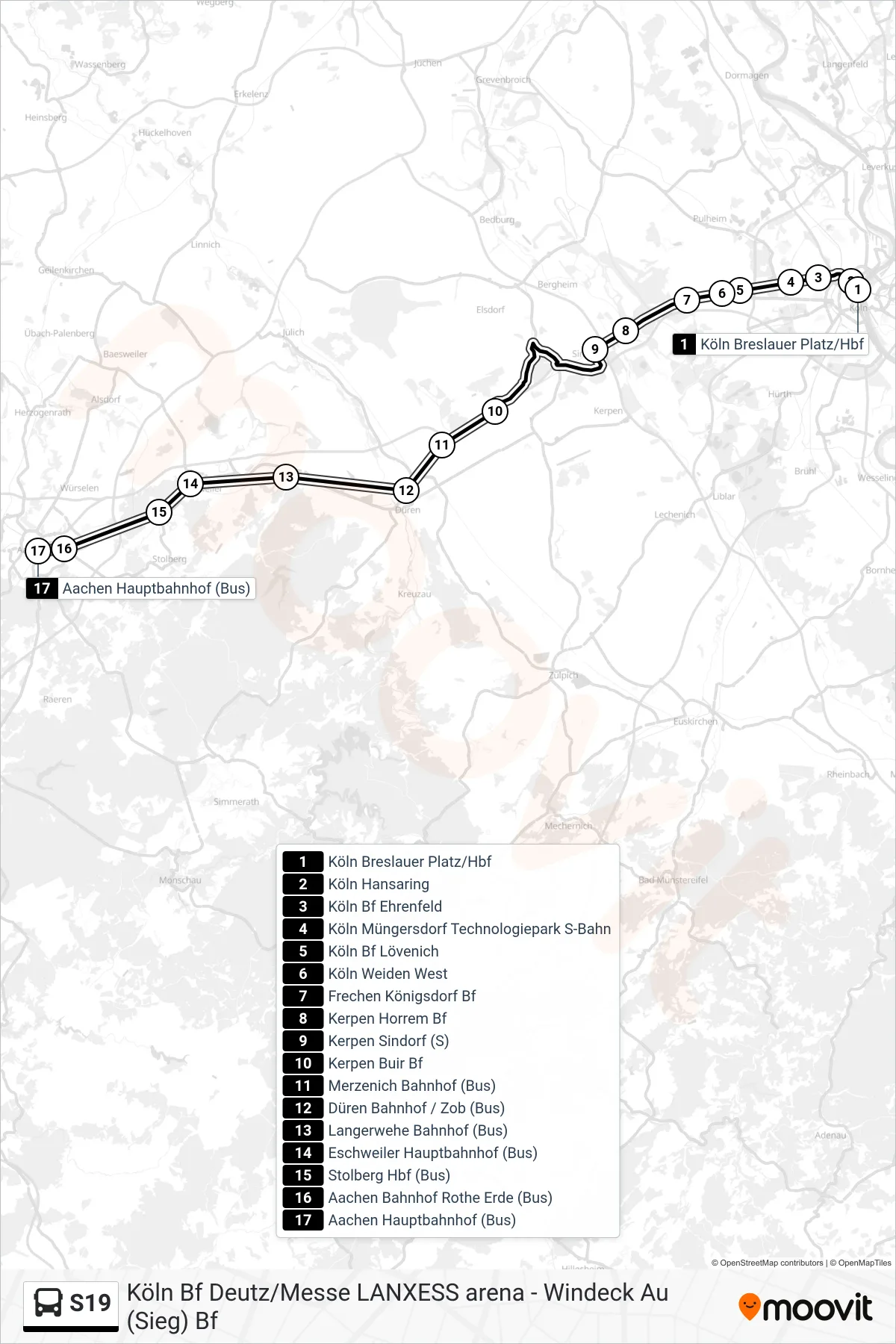 Linie S19 (Bus) Richtung Aachen Hauptbahnhof (Bus): Route und Haltestellen auf der Karte
