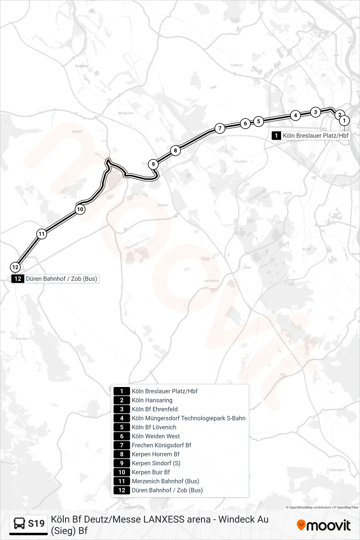 Linie S19 (Bus) Richtung Düren Bahnhof / Zob (Bus): Route und Haltestellen auf der Karte