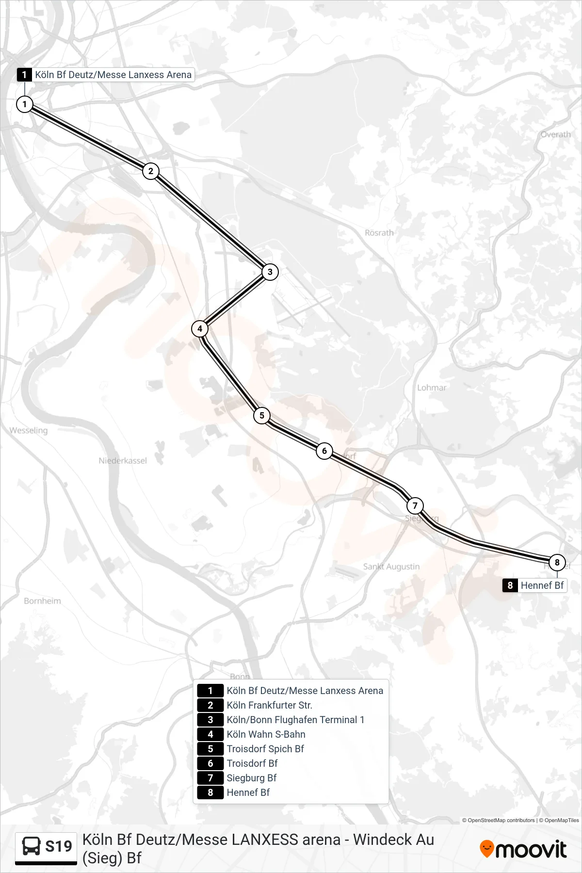 Linie S19 (Bus) Richtung Hennef Bf: Route und Haltestellen auf der Karte