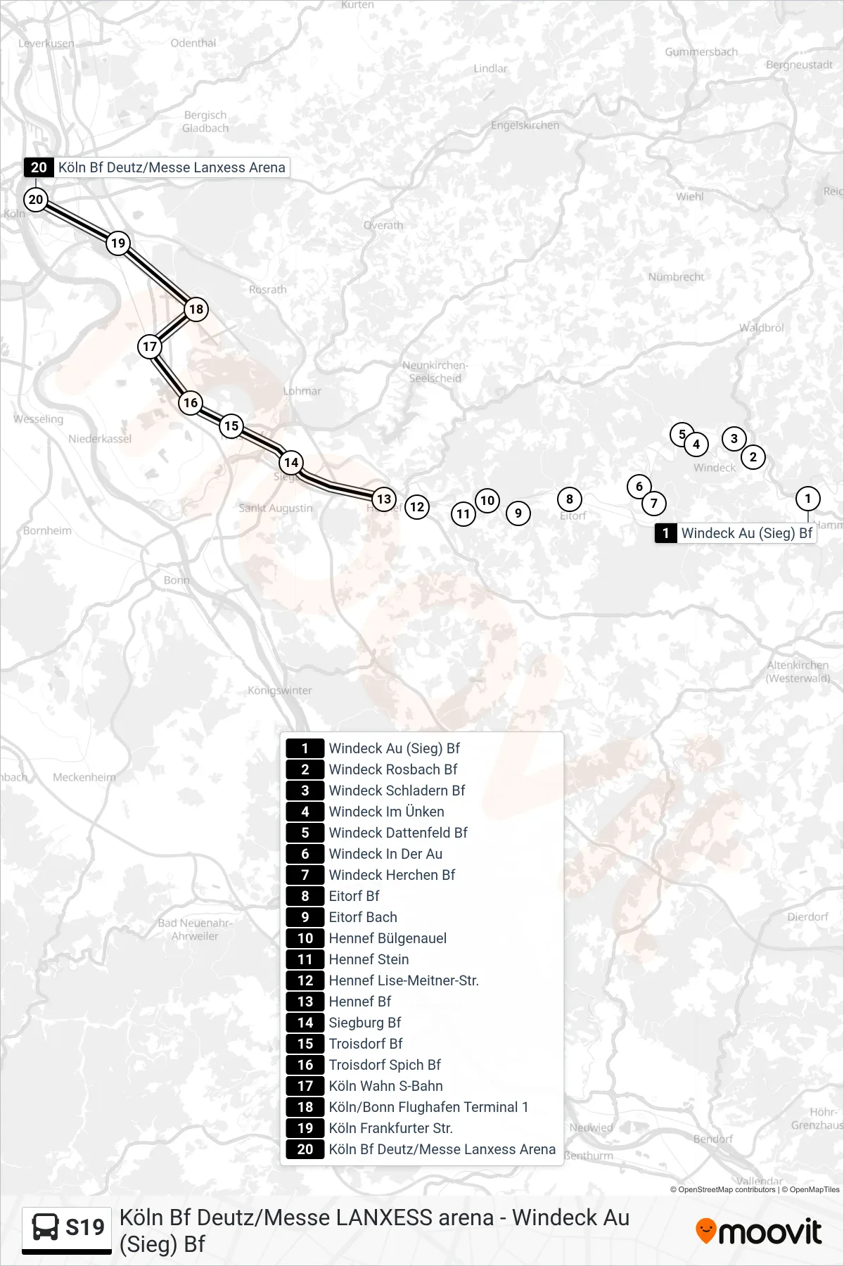 Linie S19 (Bus) Richtung Bf Deutz/Messe Lanxess Arena: Route und Haltestellen auf der Karte