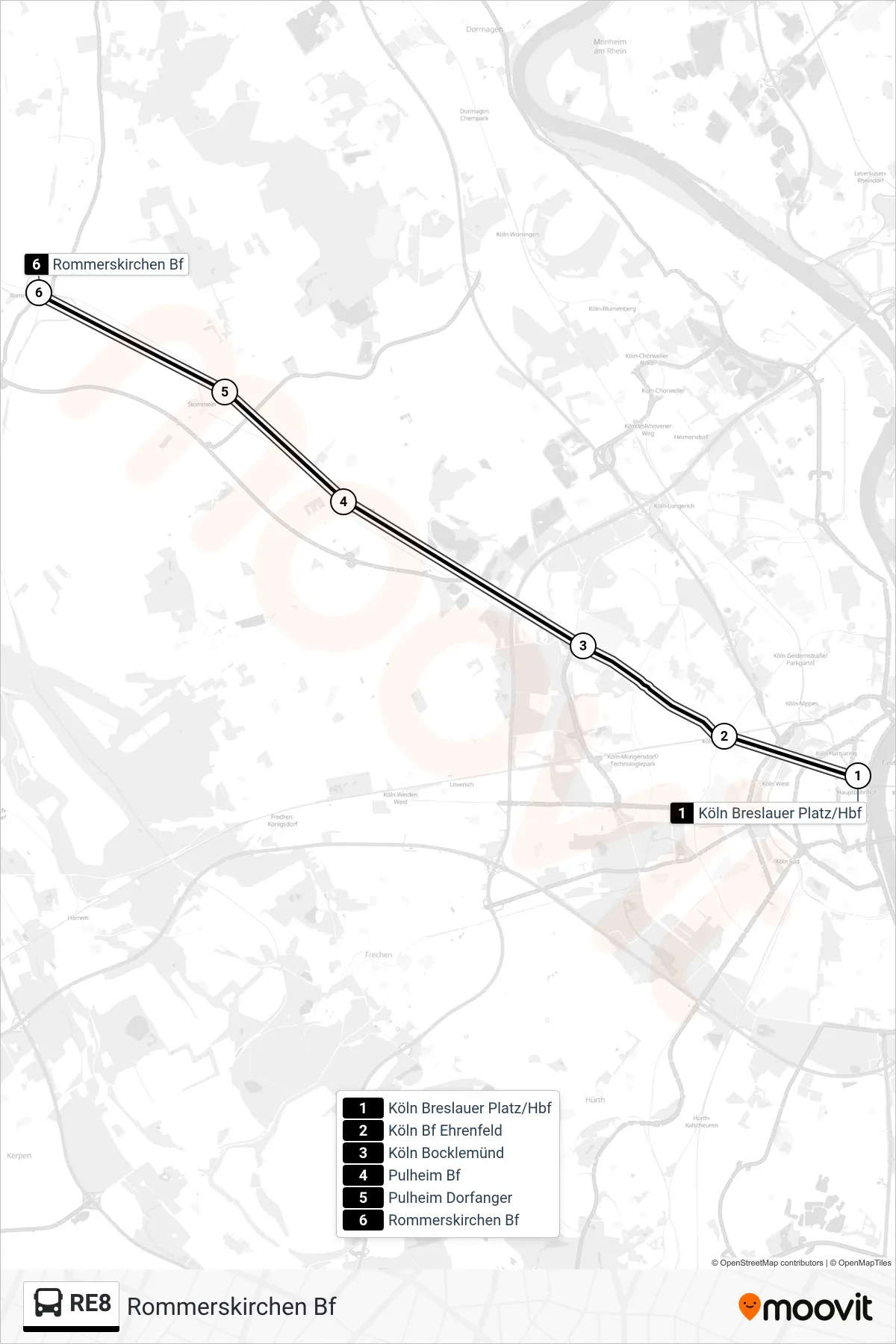 RE8 bus Line (Rommerskirchen Bf) route and stops on a map