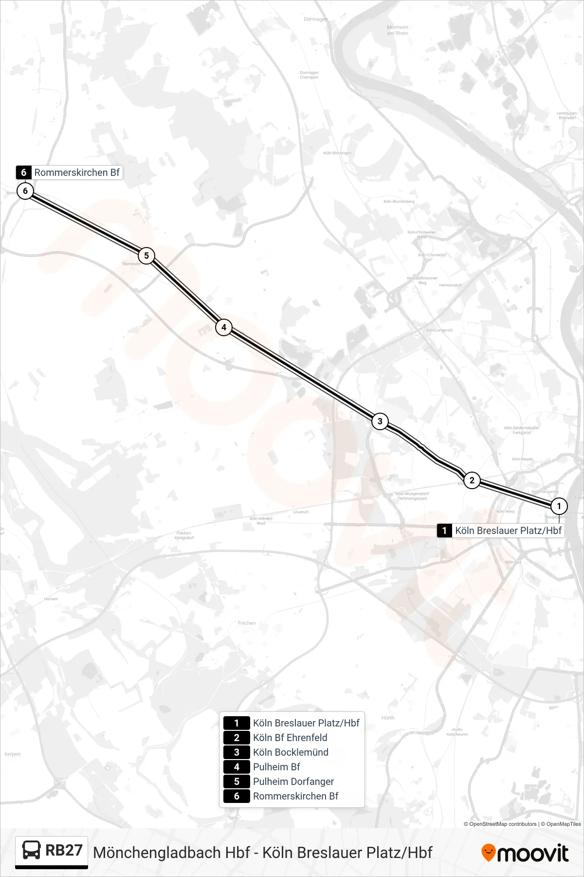 RB27 bus Line (Rommerskirchen Bf) route and stops on a map