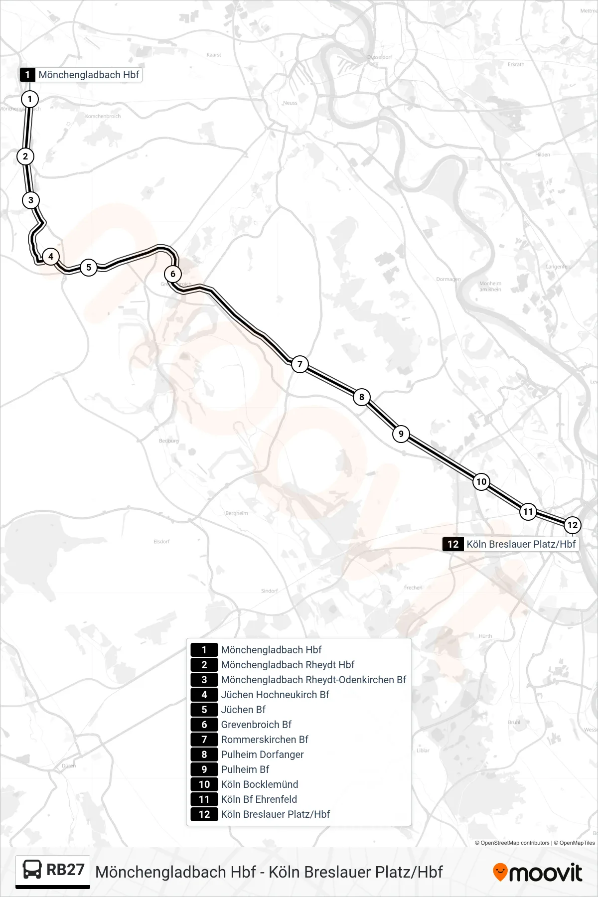 RB27 bus Line (Breslauer Platz/Hbf) route and stops on a map