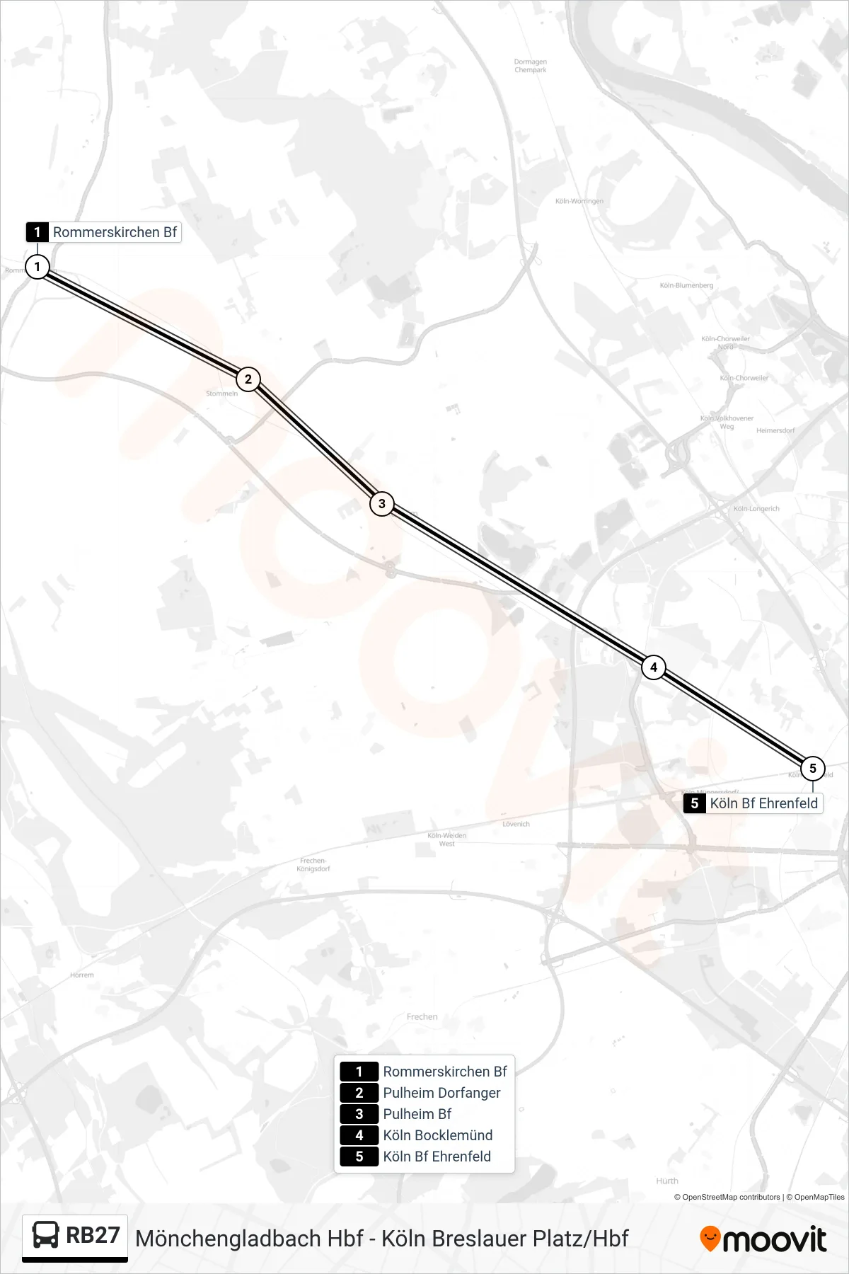 RB27 bus Line (Bf Ehrenfeld) route and stops on a map