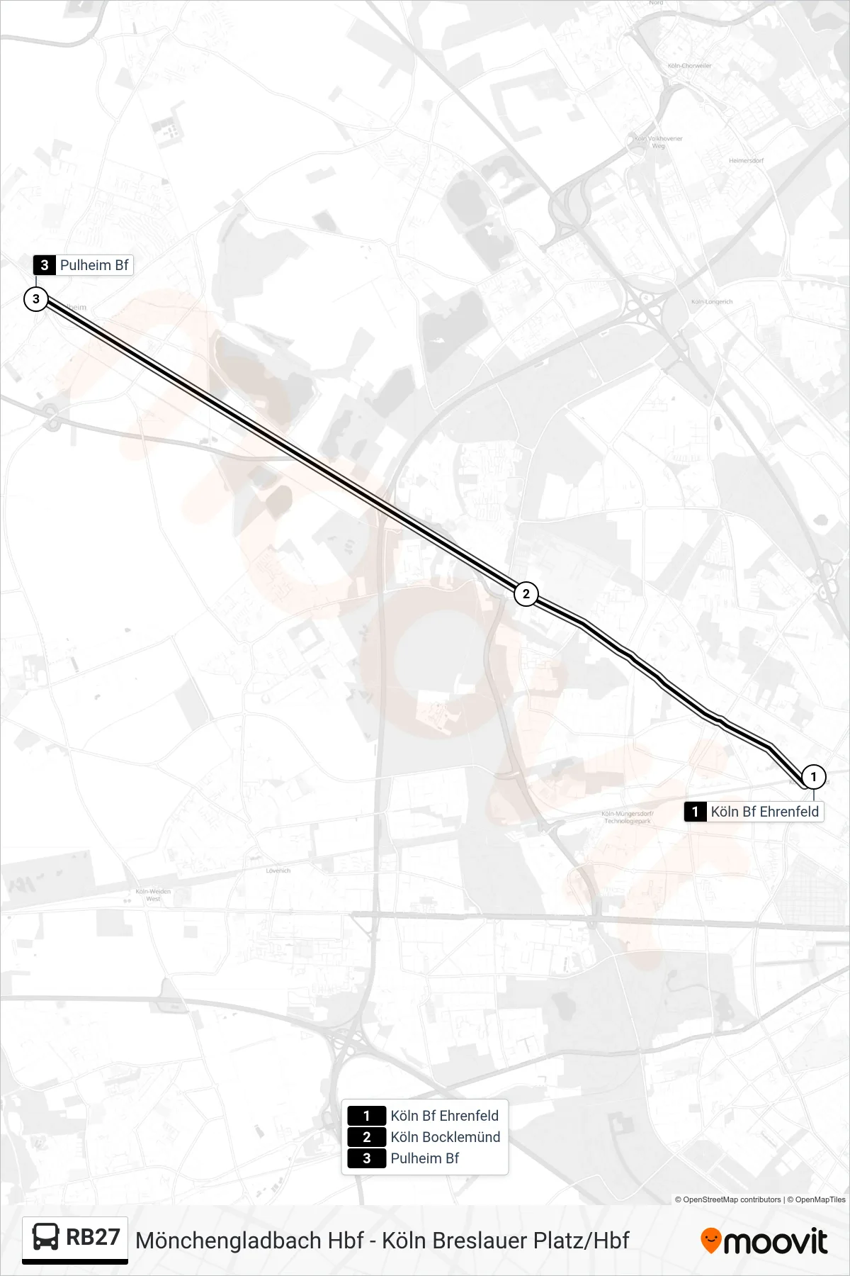 RB27 bus Line (Pulheim Bf) route and stops on a map