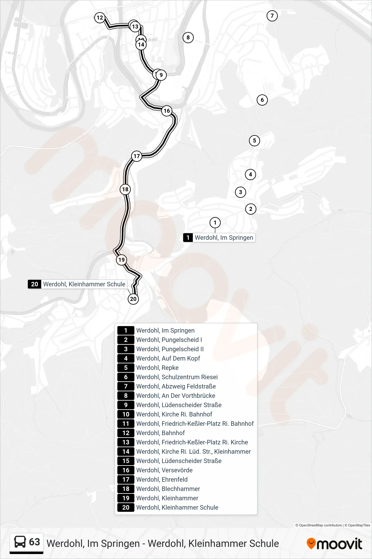 63 bus Line (Werdohl, Kleinhammer Schule) route and stops on a map