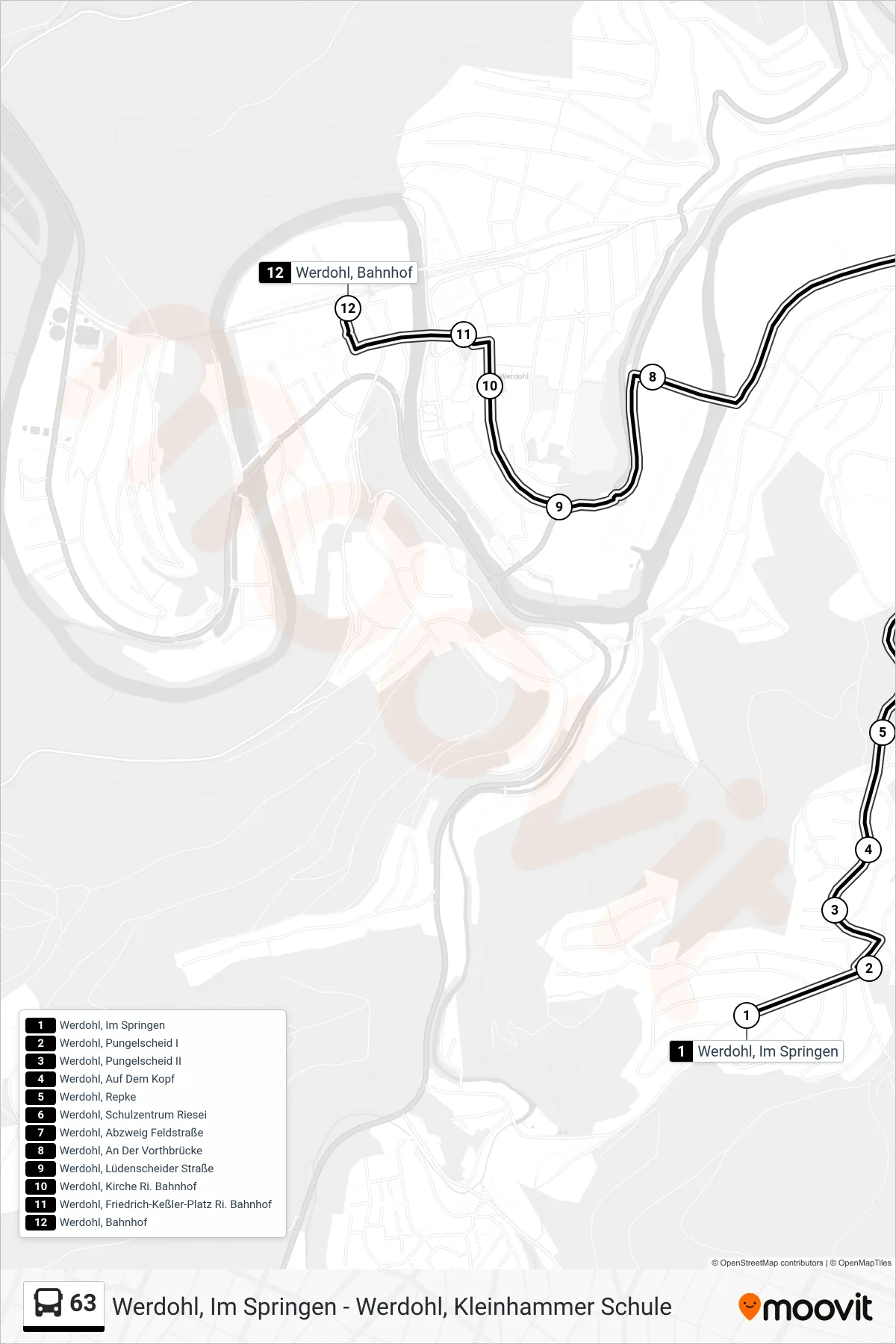 Linie 63 (Bus) Richtung Werdohl, Bahnhof - Steig 1: Route und Haltestellen auf der Karte