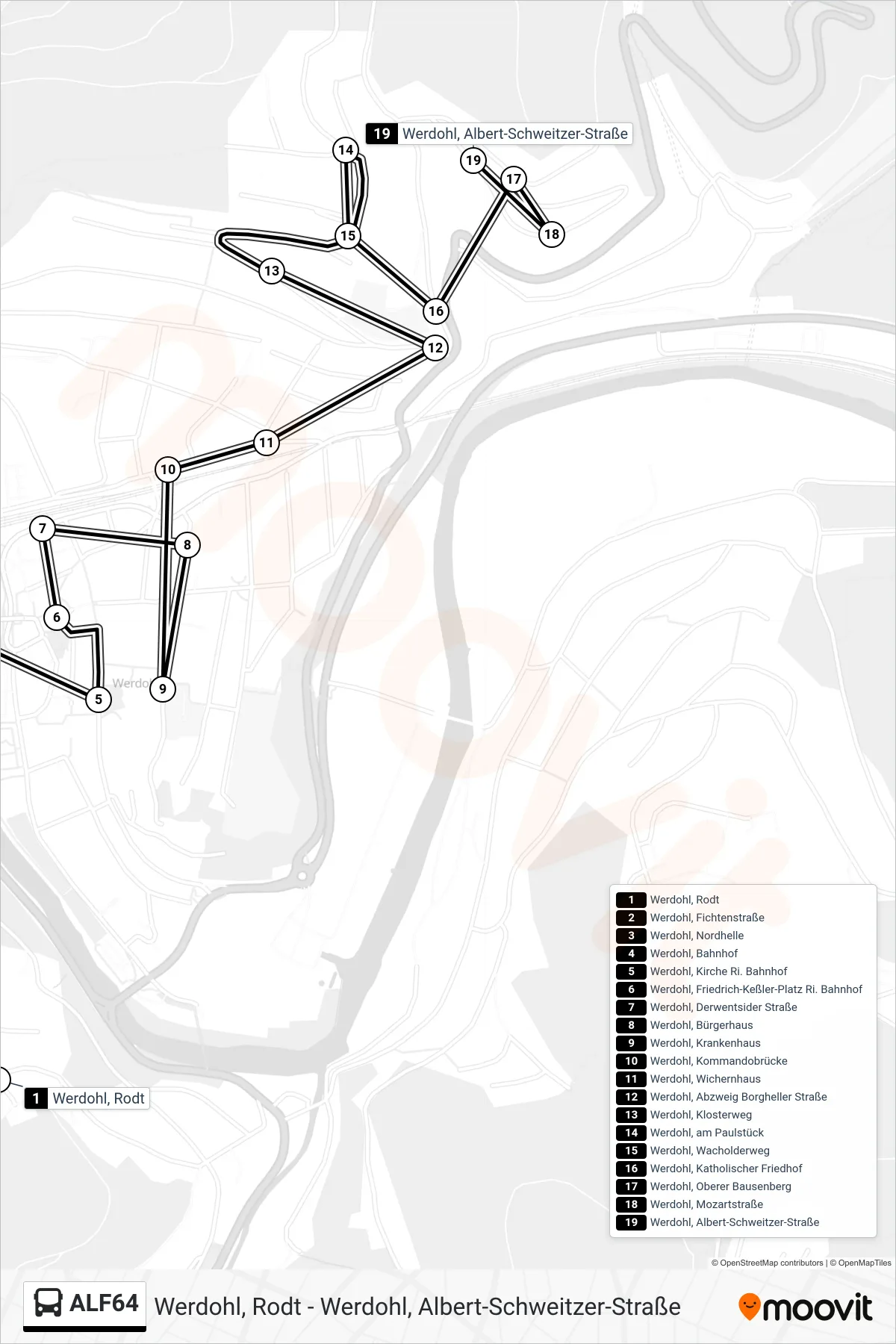 ALF64 bus Line (Werdohl, Albert-Schweitzer-Straße) route and stops on a map