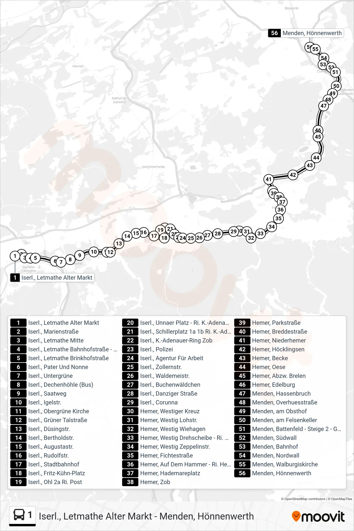 1 bus Line (Menden, Hönnenwerth) route and stops on a map