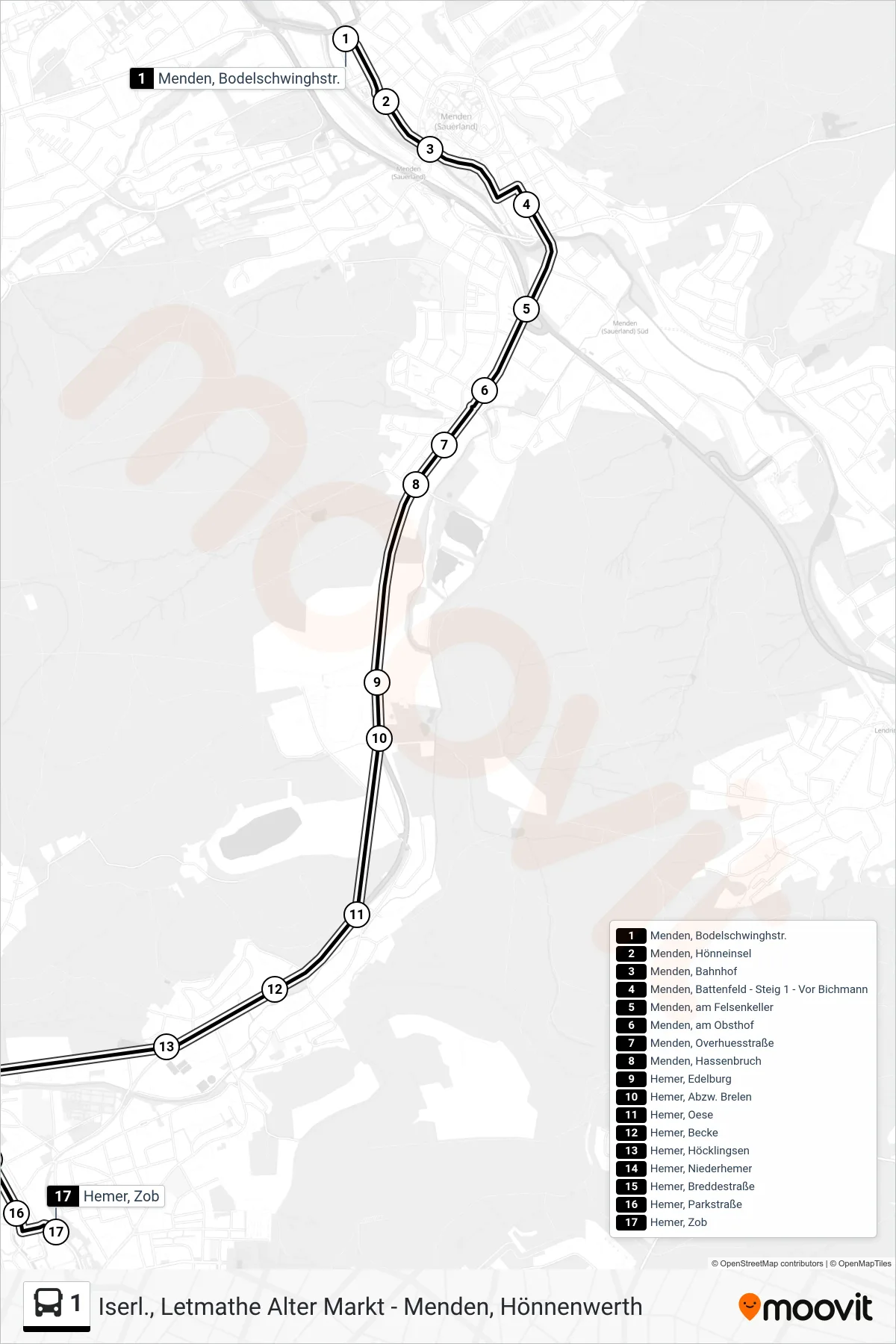 Linie 1 (Bus) Richtung Hemer, Zob - Steig 3a: Route und Haltestellen auf der Karte