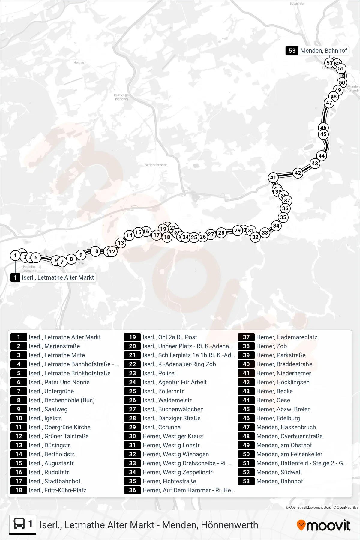 Linie 1 (Bus) Richtung Menden, Bahnhof: Route und Haltestellen auf der Karte