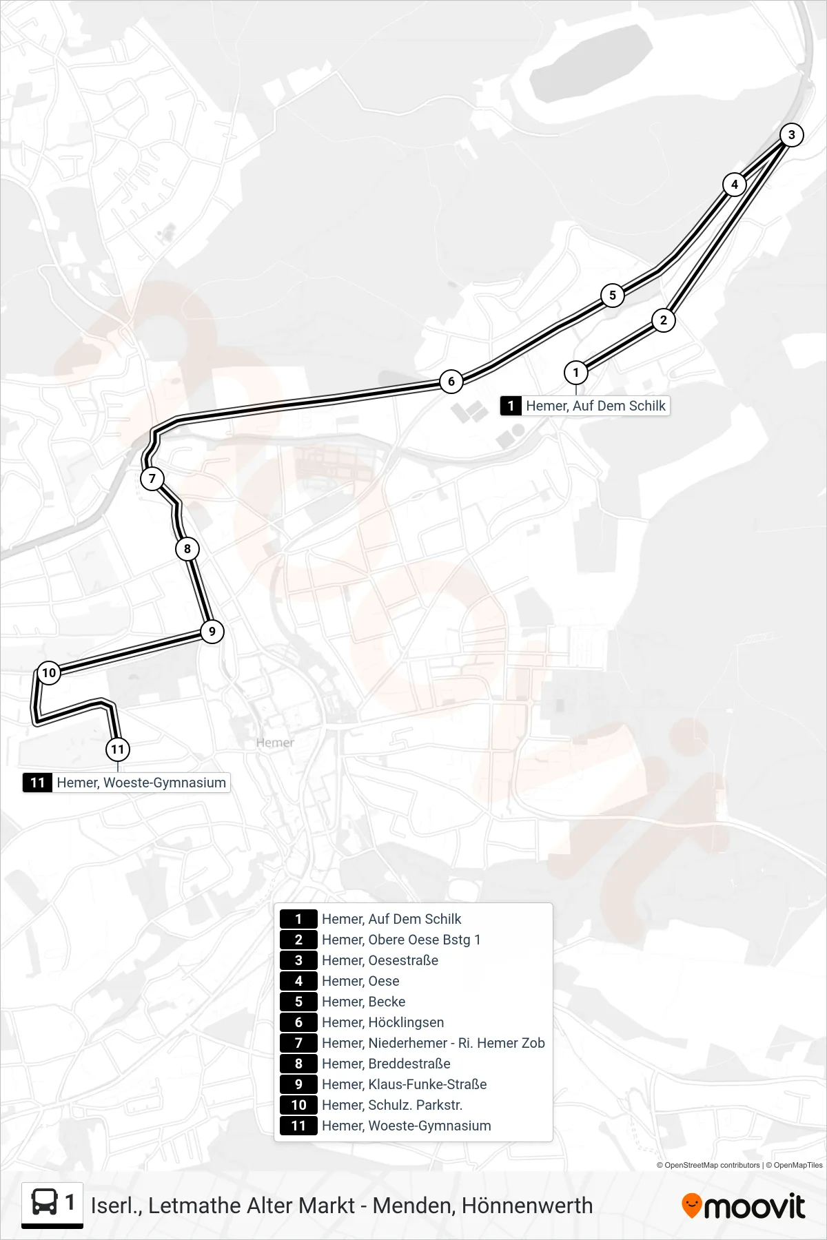 Linie 1 (Bus) Richtung Hemer, Woeste-Gymnasium: Route und Haltestellen auf der Karte