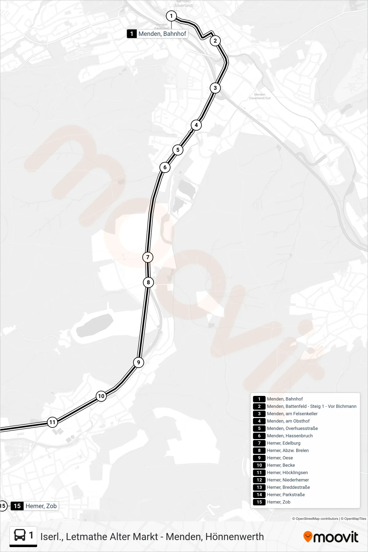 Linie 1 (Bus) Richtung Hemer, Zob - Steig 3b: Route und Haltestellen auf der Karte
