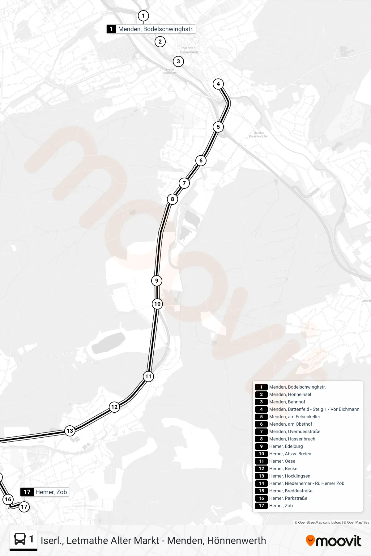 1 bus Line (Hemer, Zob - Steig 1a) route and stops on a map