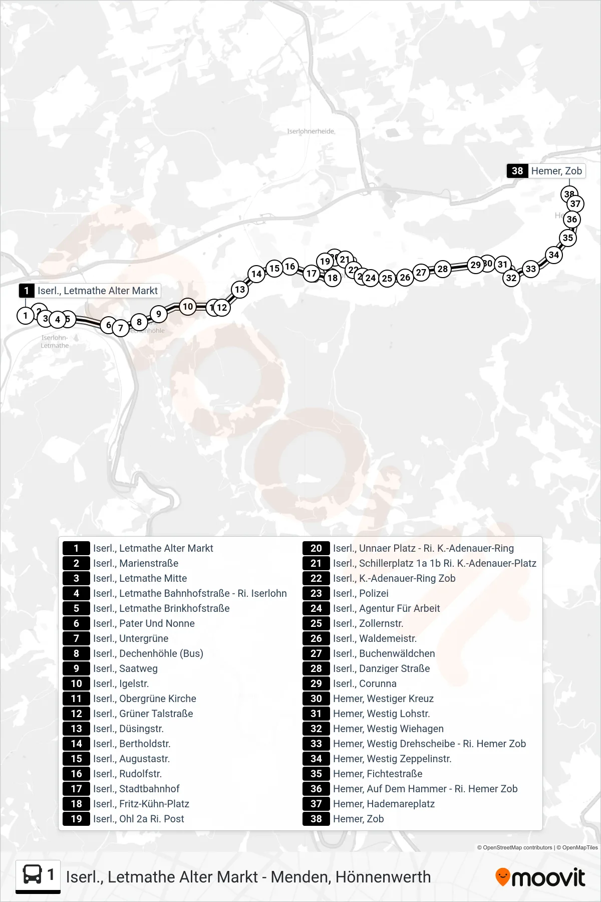 Linie 1 (Bus) Richtung Hemer, Zob - Steig 3a: Route und Haltestellen auf der Karte
